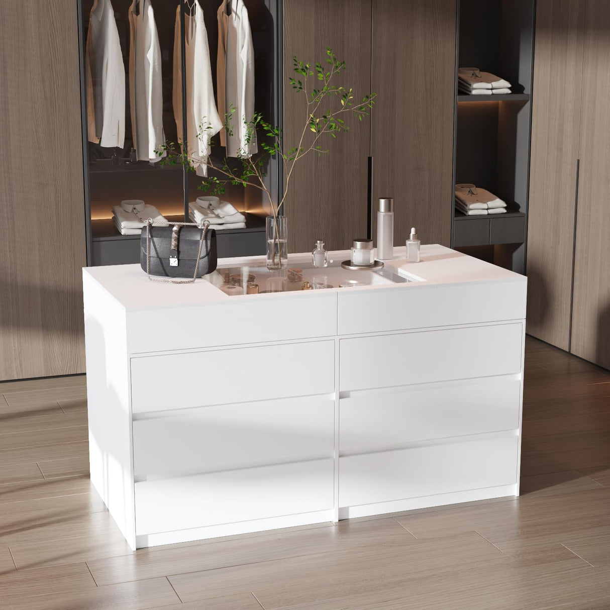 WOODTIME Armoire Bedroom Island with Sliding Glass Top, Wardrobe Closet with 12 Drawers, Walk-in Closet Island Dresser for Bedroom Shops, White WOODTIME