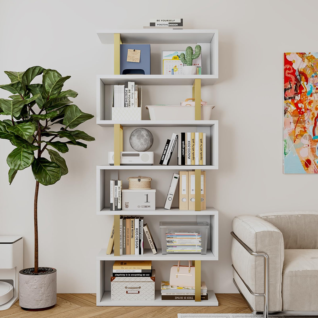 SORCEDAS Bookshelf Geometric Bookcase S Shaped Industrial Bookshelf Storage Display Stand Shelf for Living Room Bedroom and Office Room (White, 6 Tier) SORCEDAS