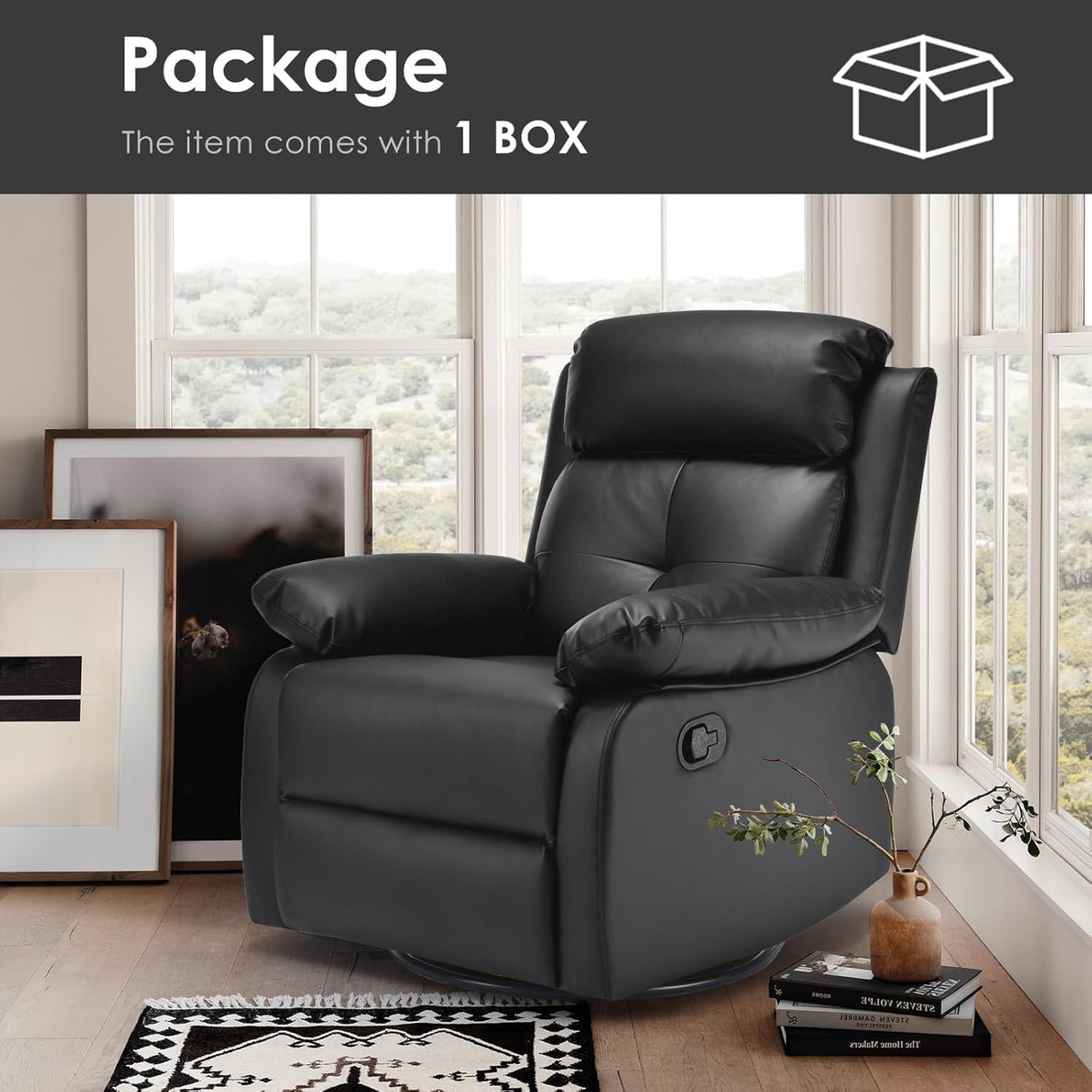 FONTOI Swivel Rocker Recliner with 360 Degree Swivel, Small Recliners with 30 Degree, 90-150 Degree Angle, Faux Leather Lift Chair for Home Theater Seating, Adults, Living Room, Bedroom, Black FONTOI