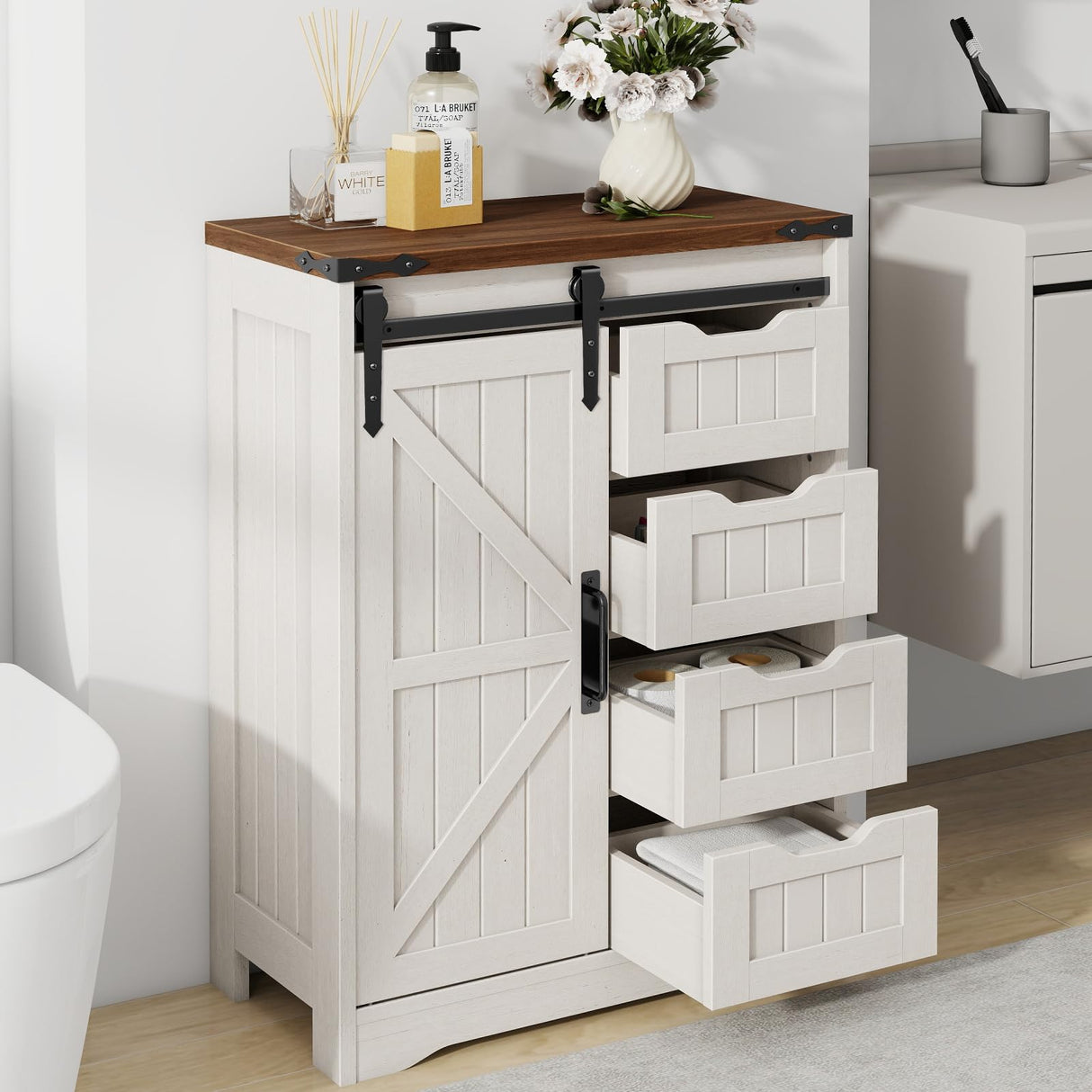 Farmhouse Bathroom Floor Storage Cabinet with 4 Drawers, Bathroom Cabinet with Sliding Door, Rustic Storage Organizer for Kitchen, Living Room, Rustic Style, White Halitaa