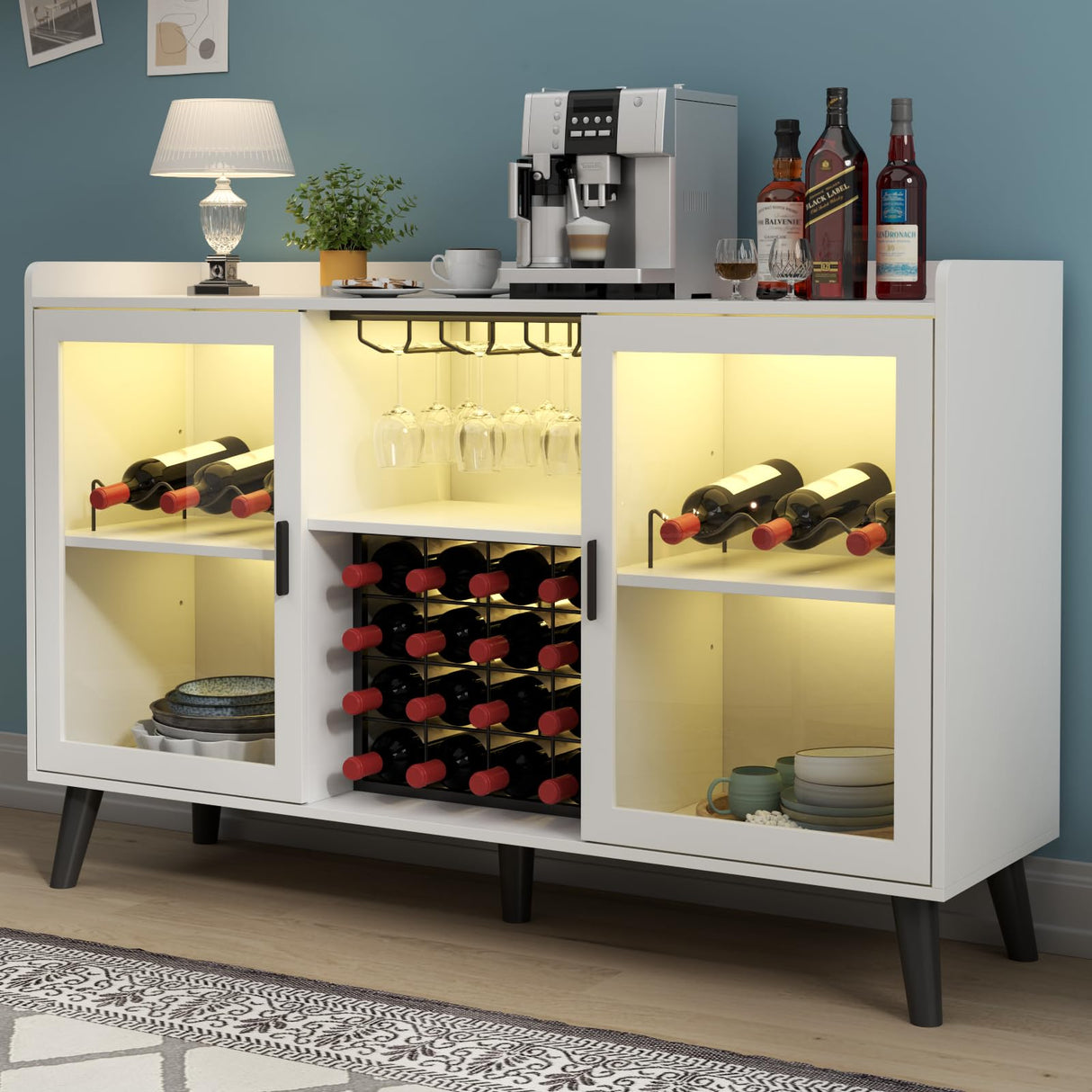 Auromie Wine Bar Cabinet with Led Light, Home Coffee Cabinet with Wine and Glass Rack, Kitchen Buffet Sideboard with Storage Shelves, Freestanding Liquor Cabinet for Living Room, Dining Room (White) Auromie