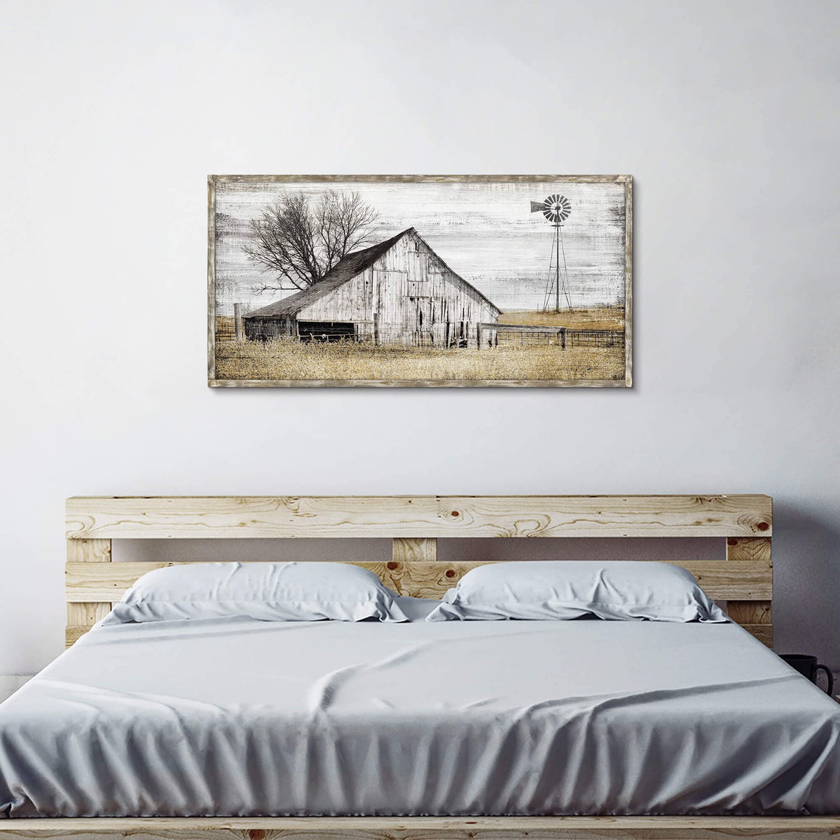 Farmhouse Framed Wall Art Picture: Rustic Barn Farm Wood Artwork Decor Large Country Landscape Windmill Print Horizontal Panoramic Countryside Rural Nature Scene Painting for Living Room Bedroom SD SOFT DANCE