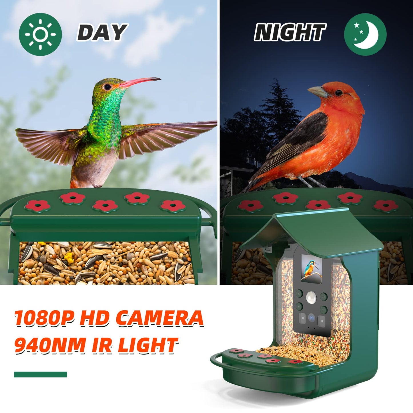 Smart Bird Feeder Camera, Hummingbird Watching Camera with Motion Detection & Auto Capture Bird, 100° Wide Angle & Waterproof 1080P HD Night Vision