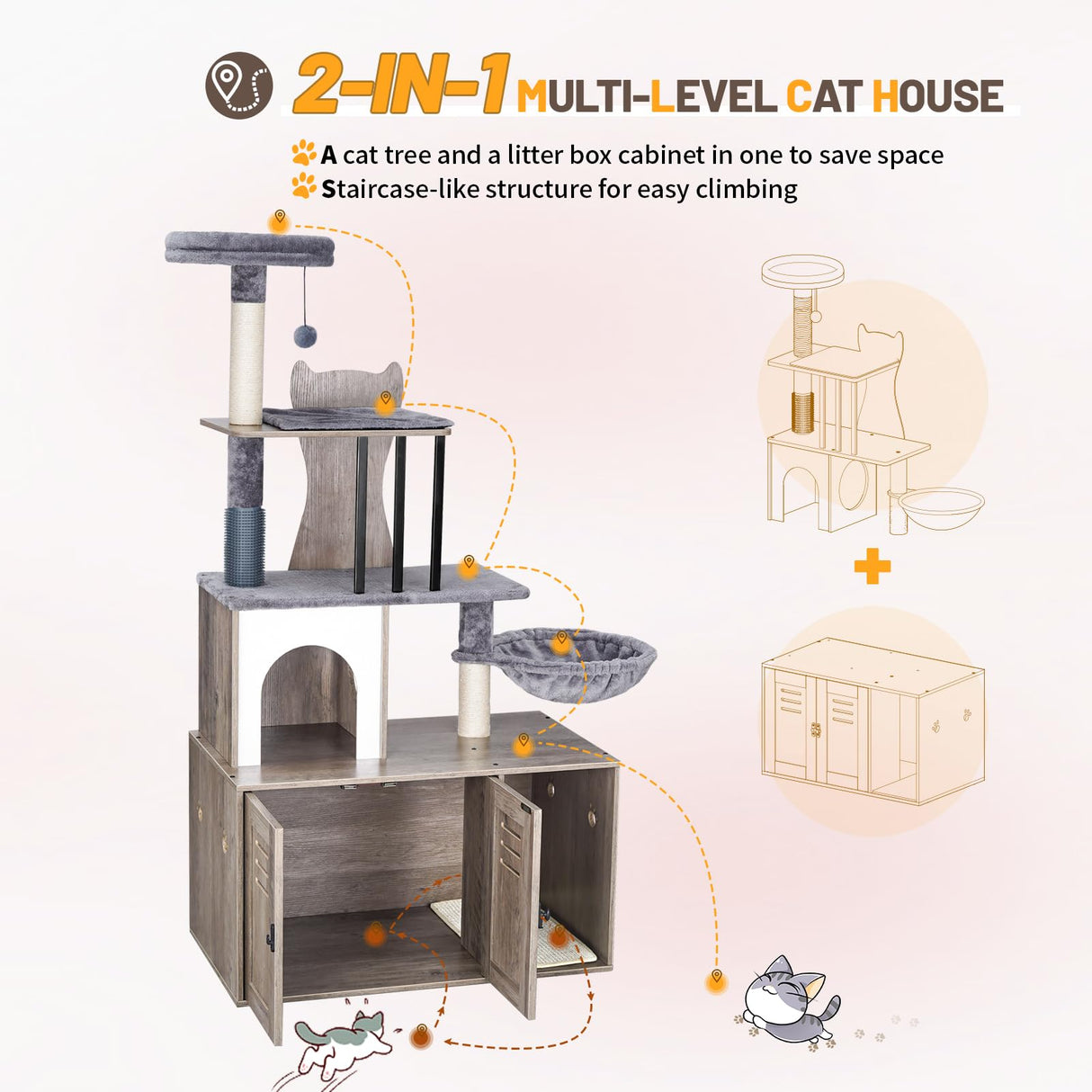 Snughome Cat Tree with Litter Box Enclosure Furniture, 2-in-1 Modern Cat Tower for Indoor Cats, 58.66’’ Wood Cat Condo with Scratching Post and Hammock, Indoor Cat Furniture with Large Platform, Grey Snughome