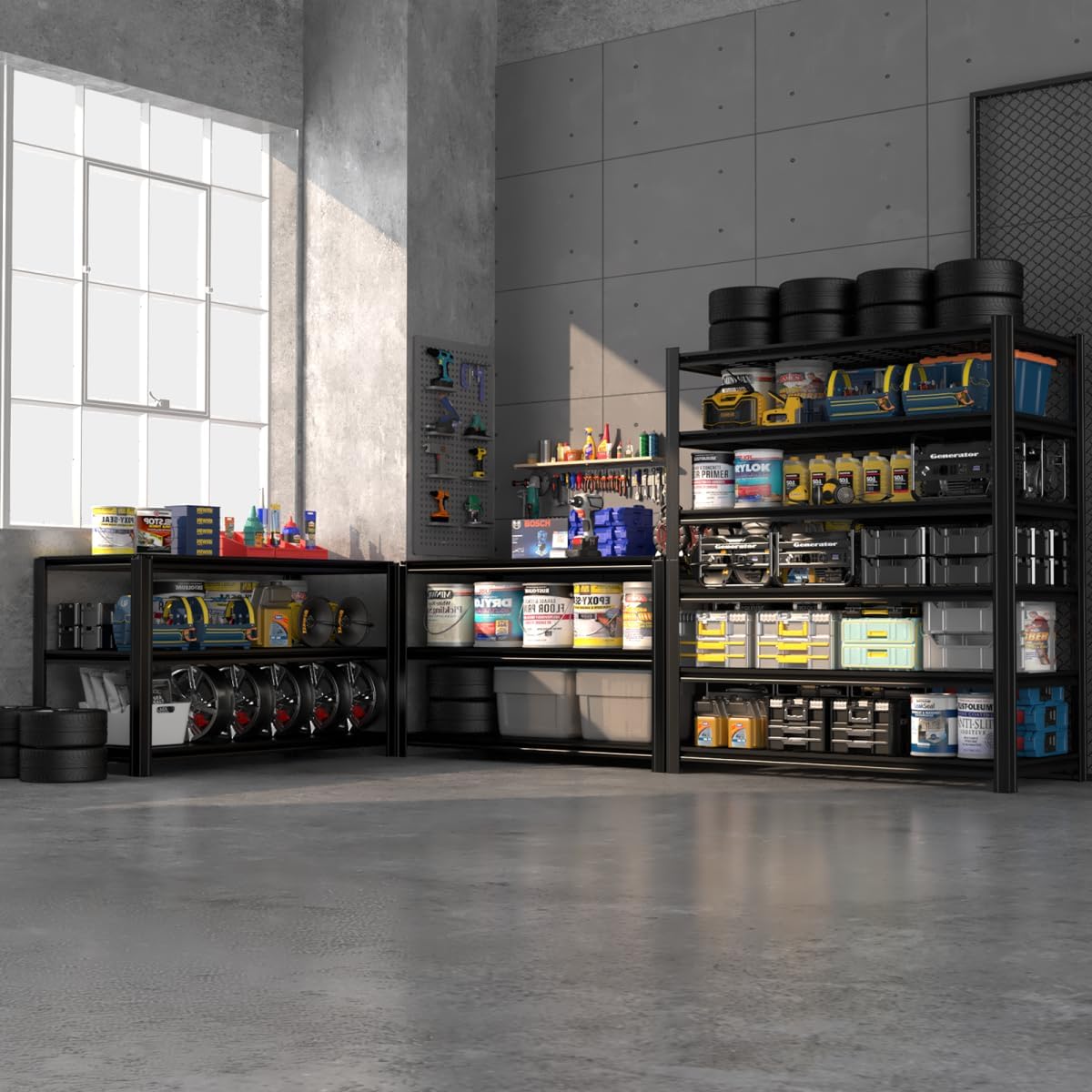 SYLOUGH 55.12" W Father&I 6-Shelf Industrial Adjustable Heavy-Dudy Tall Metal Garage Storage Shelves Shelving Units/Steel Wire Rack System (Commercial) for Basement/Shop, 84" H*55.12" W*24" D*, Black SYLOUGH