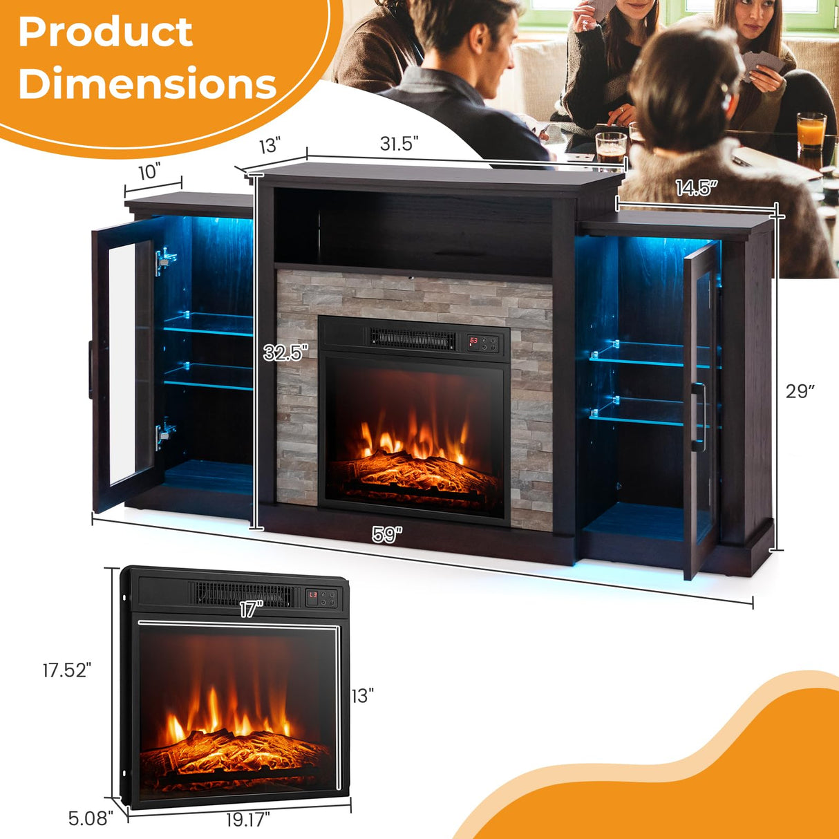 SIMOE Electric Fireplace TV Stand for 65in+ Tv, 19‘’ Fireplace with Mantel, Entertainment Center with 16 Color LED Lights, APP Control & 4 Mode, TV Console for Living Room, Remote Control, Timer SIMOE