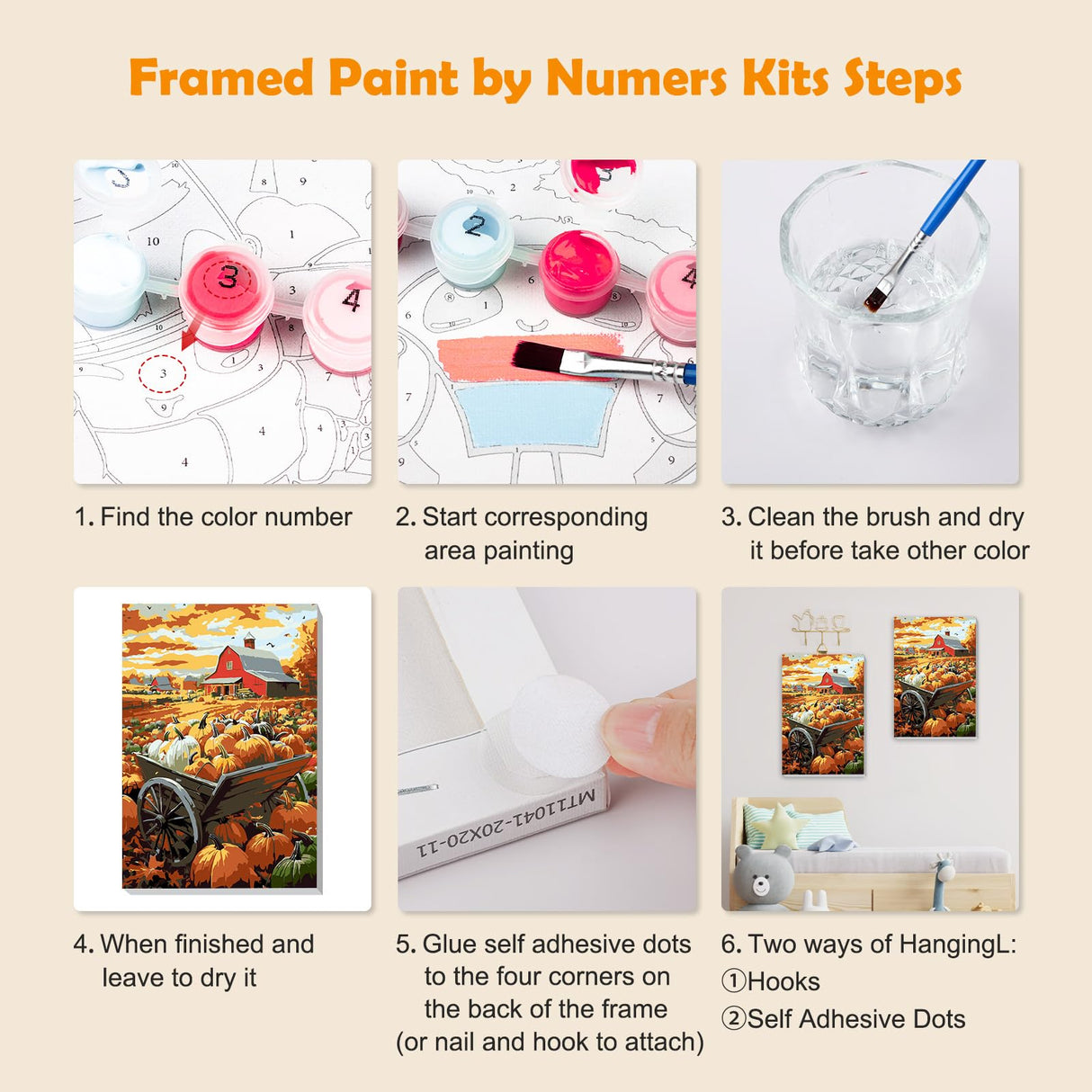MOGTAA Fall Pumpkin Paint by Numbers Kit for Adults Beginners with Frame, Autumn Farm Adult Paint by Number Kits on Canvas with Easel, Easy DIY Oil Painting Kits for Home Decor, 8x12in MOGTAA