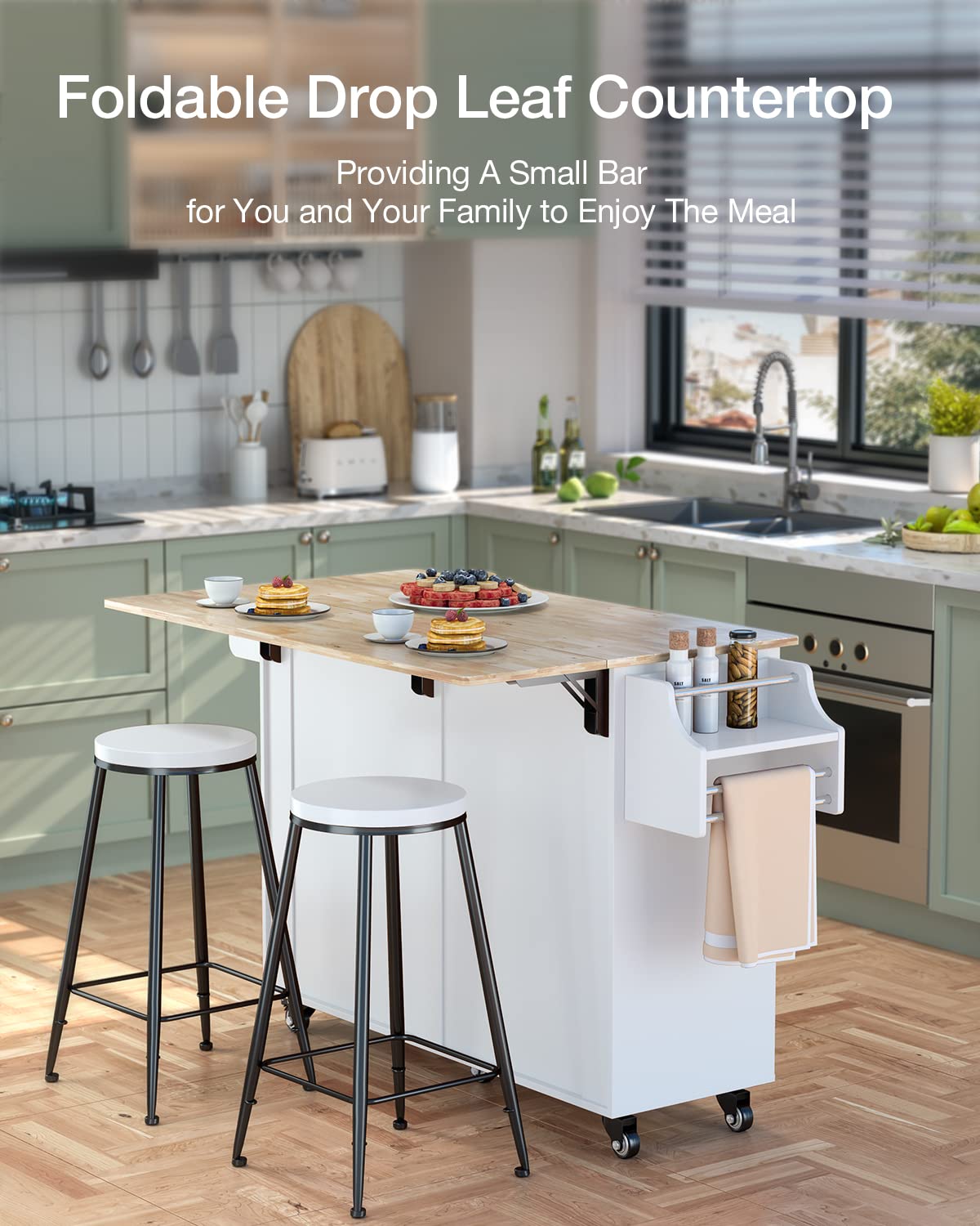 Qsun Kitchen Island on Wheels Kitchen Cart with Rubber Wood Top, Mobile Kitchen Island with Double Storage Cabinet and Drawers, Table (White) Qsun