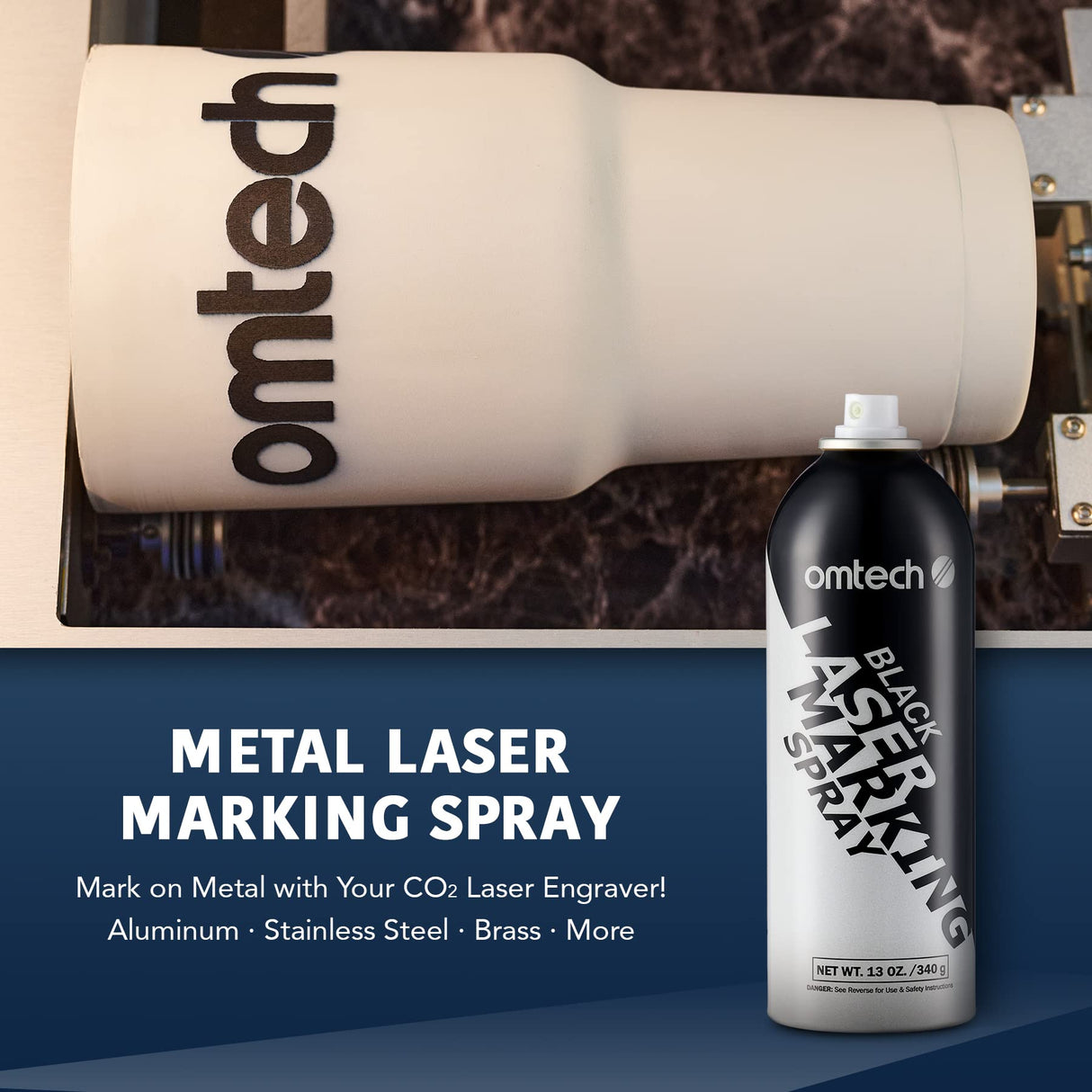OMTech Laser Marking Spray, Metal Laser Marking Fluid for CO2 Laser Engravers, 13oz Aerosol High Contrast Black Spray for Laser Engraving Metal, Laser Ink Agent for Aluminum Stainless Steel Brass More OMTech