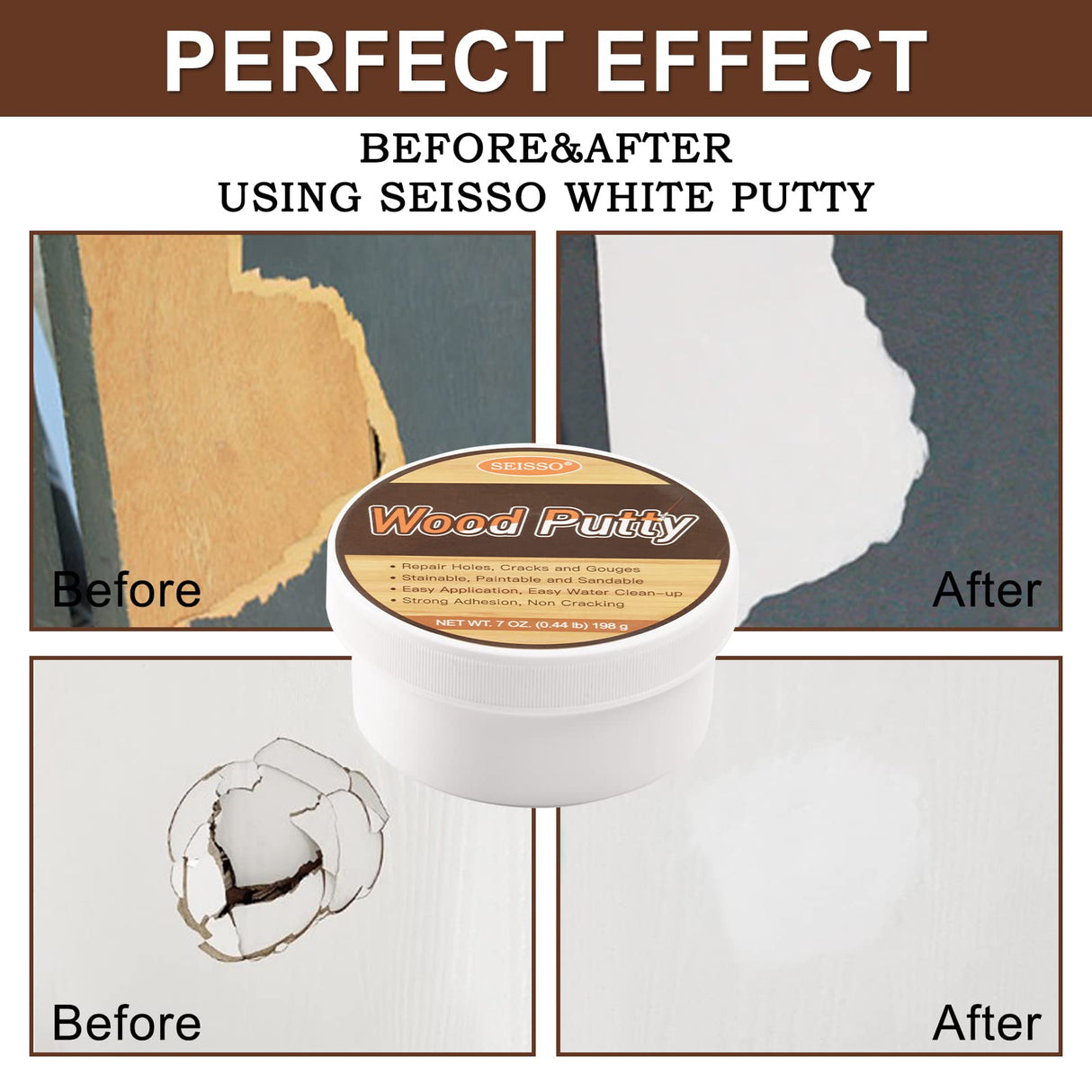SEISSO Wood Putty, Water-Based Wood Filler, White Wood Putty for Trim, Wood Filler Paintable, Stainable, Wood Furniture Repair kit - Restore Wooden SEISSO