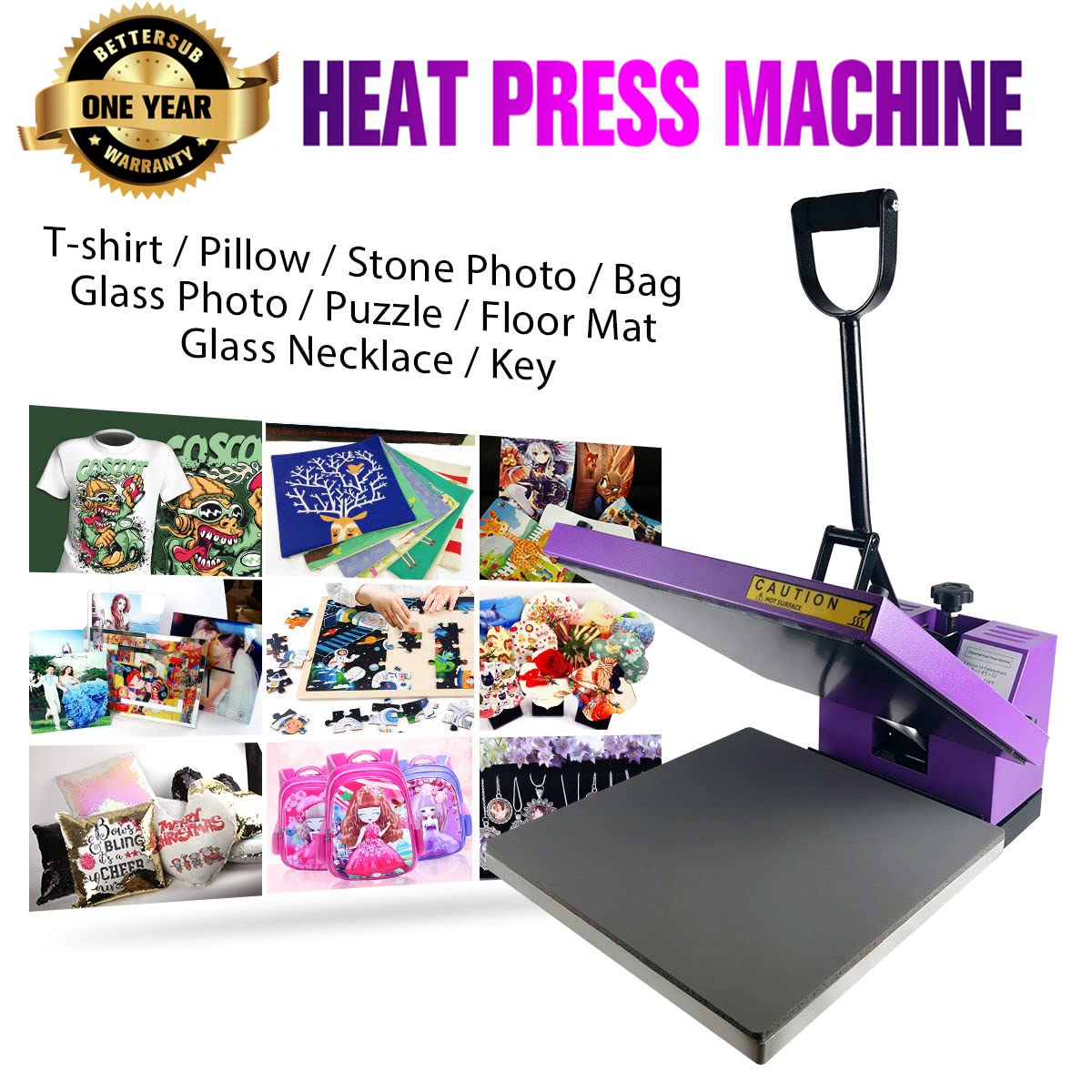 BetterSub 15‘’x15‘’ Industrial Heat Press Machine for T-Shirts, Sublimation, Transfers – Digital LCD Control, Teflon Surface, Clamshell Design, Safe & Durable - Purple BetterSub