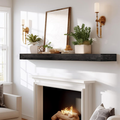 YLYHSST Fireplace Mantel Handmade, 3'' Thick Wall Decor Long Floating Shelf, 60inch Rustic Wood Shelf with Invisible Brackets, Black