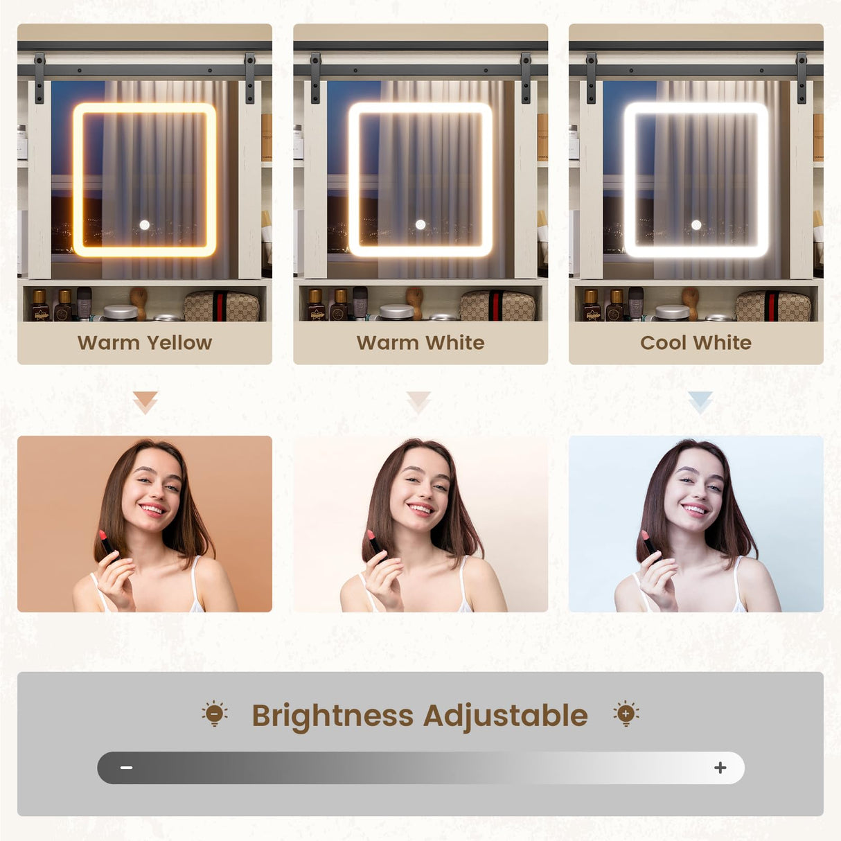 HAUOMS Farmhouse Makeup Vanity Desk with Sliding Lighted Mirror, Glass Top Vanity Desk with Power Outlet, Rustic Vanity Set, Antique White HAUOMS