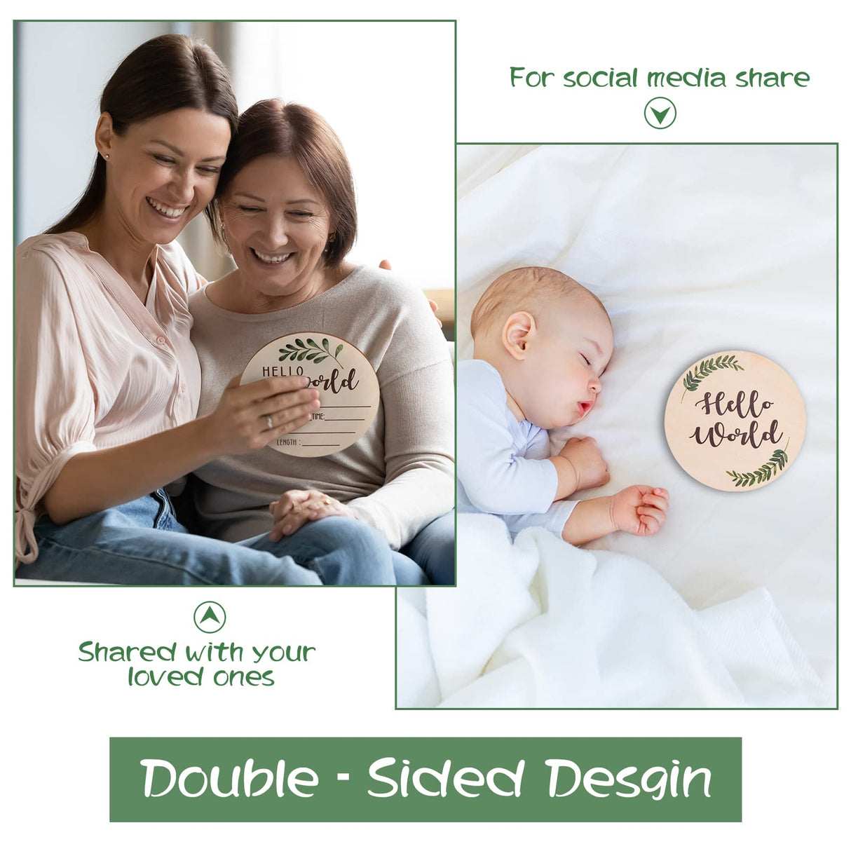 Baby Announcement Sign for Newborn - Beautiful Double-Sided Hello World Name Sign for Hospital Birth Announcement, The Perfect Round Wooden Welcome Giftacity