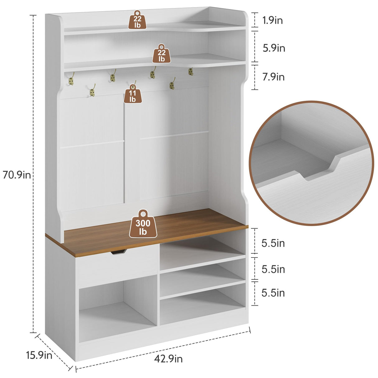 Vividwood Hall Tree with Bench, Simple Style 5 in 1 Hall Tree, Entryway Storage bench3-Layer Shoe Cabinet & 7 Coat Hooks, Separate Drawers, 42.9x15.94x70.86 in (Country White) Vividwood