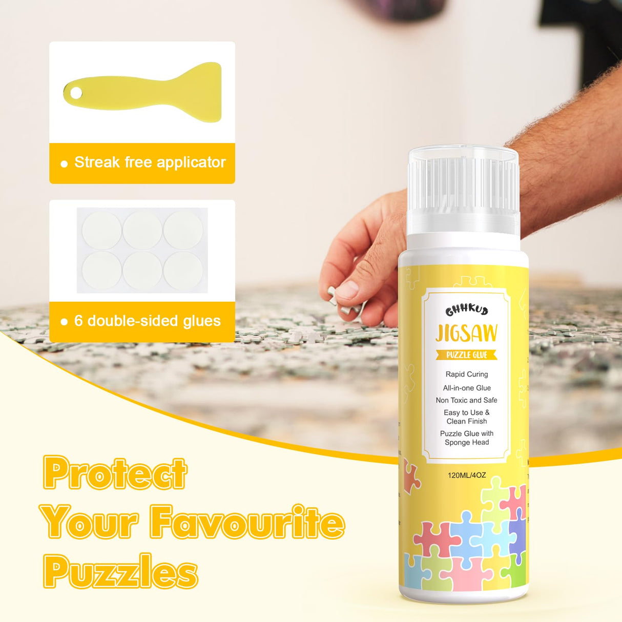 GHHKUD Jigsaw Puzzle Glue, 240ML Jigsaw Glue with Sponge Head, Non-Toxic and Quick Dry Puzzle Sealer for 4000/5000/6000 Pieces of Puzzle Jigsaw Accessories Glue Scrapper Included & Double-Sided Tape GHHKUD