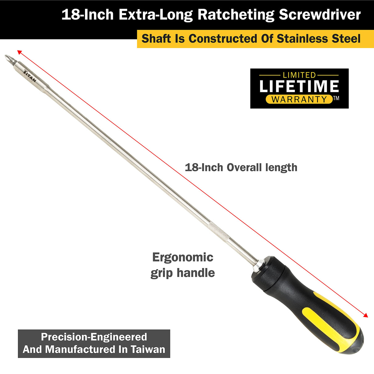 Titan 12218 Screwdriver12-Piece 18-Inch Extra Long High-Torque Ratcheting Screwdriver Titan