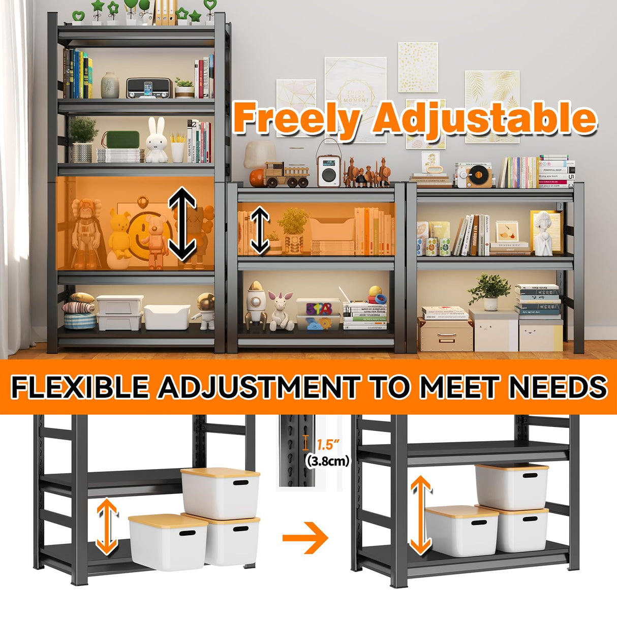 Office Shelf Organizer/Home Book Shelves/Metal Garage Shelving Unit, 5 Tiers, 3000 lbs Weight Capacity, Adjustable, Freestanding for Living Room/Garage/Basement Black (35.4" W*15.8" D*72" H) BEESTMUEBLE