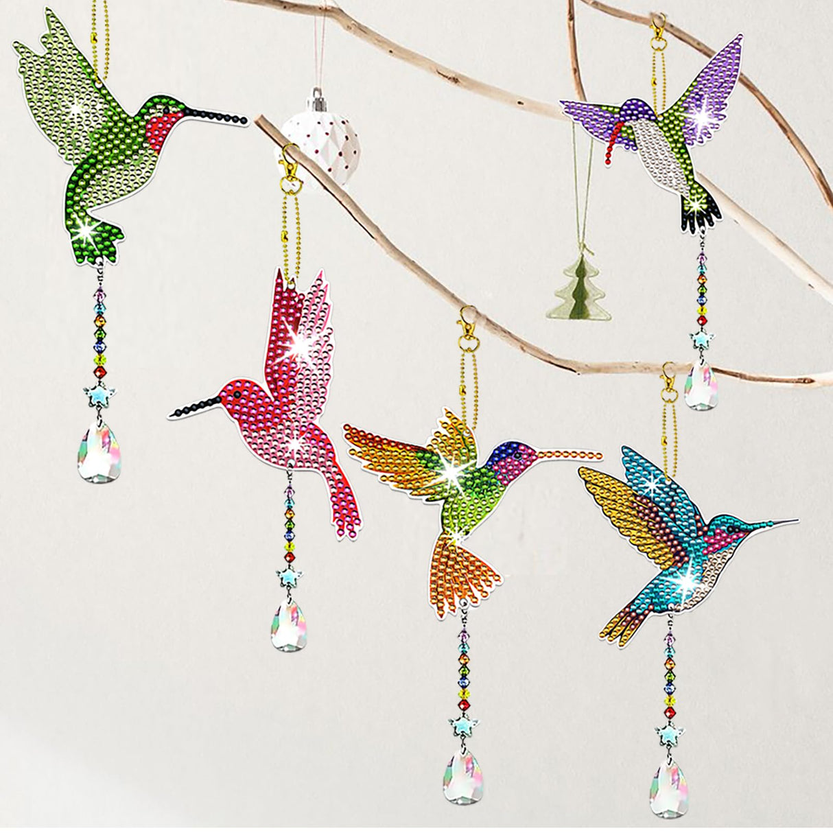 JeCuiK 6 Pcs Diamond Painting Wind Chimes Rhinestone Hummingbird Diamond Art Suncatcher Double Sided 5D DIY Diamond Painting Kits for Adults Christmas Ornament Best Gifts for Mom JeCuiK