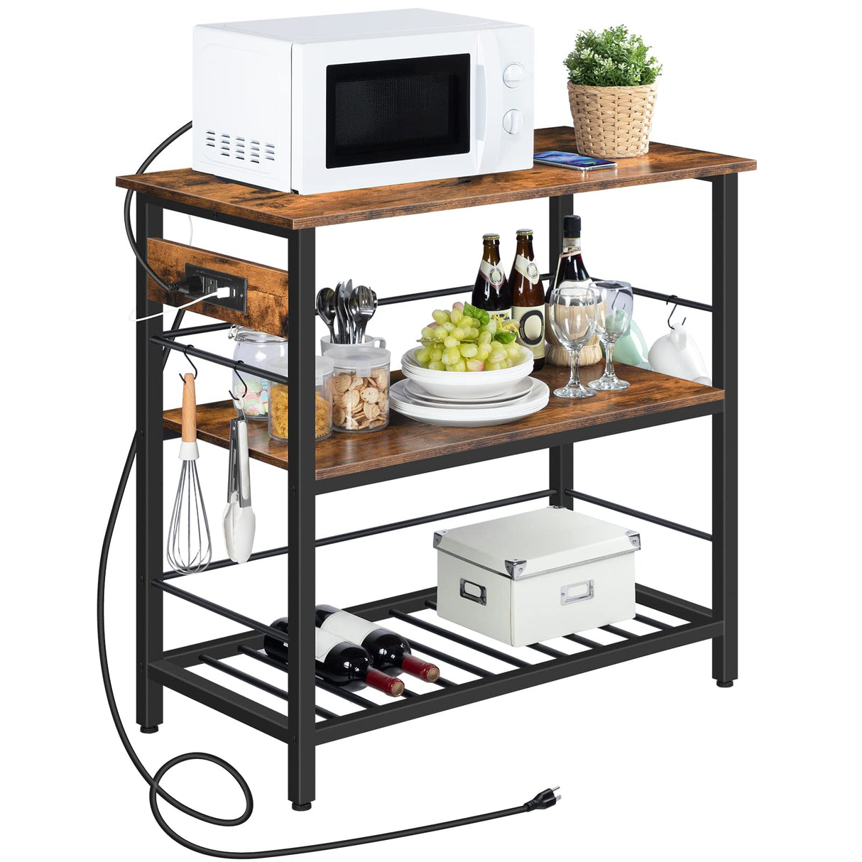 HOOBRO Kitchen Island with Storage, Kitchen Island Table with Power Outlet, 3 Tier Coffee Station and Microwave Stand, for Home, Kitchen and Dining Room, Rustic Brown BF021ZD01 HOOBRO