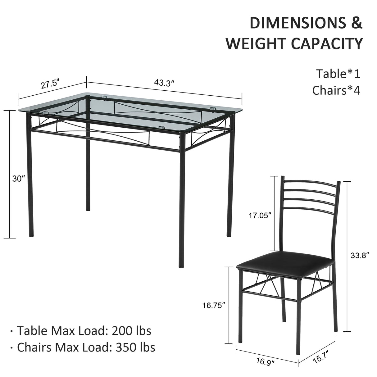 VECELO Kitchen Dining Table and Chairs Set for 4, PU Padded Seat & Glasses Tabletop, Space Saving, Matte Black VECELO
