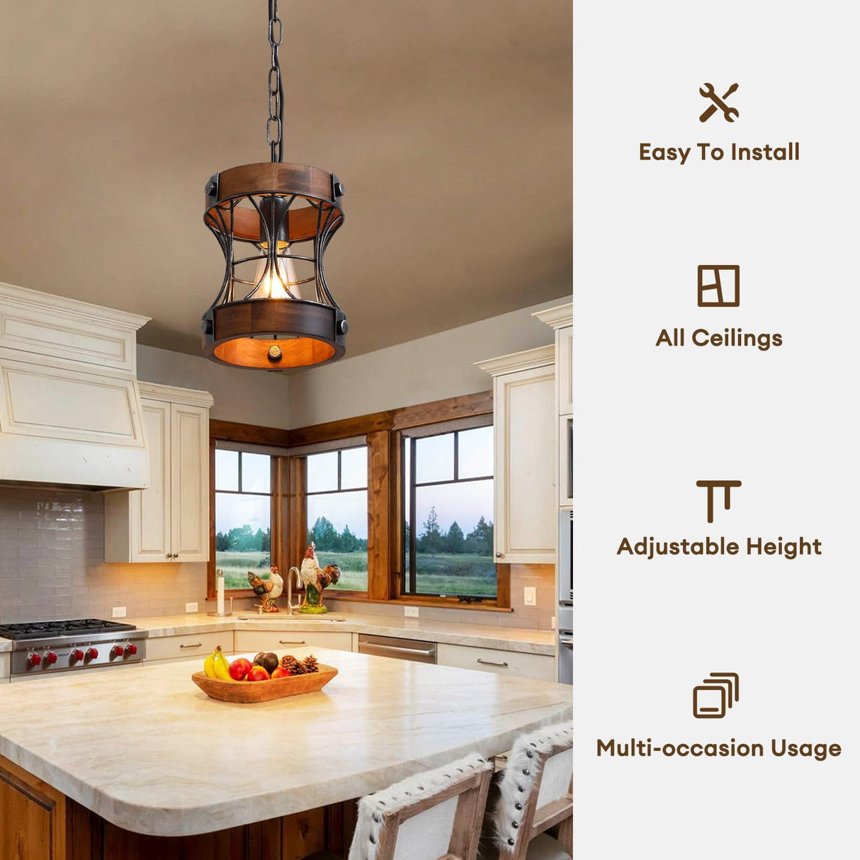 7PMBEANE Rustic Farmhouse Chandelier, Wood Small Pendant Light Fixtures, Modern Chandeliers for Dining Room, Kitchen Island, Office, Bedroom, 1-Light Chandelier for All Ceilings D 7.5" x H 8.8" 7PMBEANE