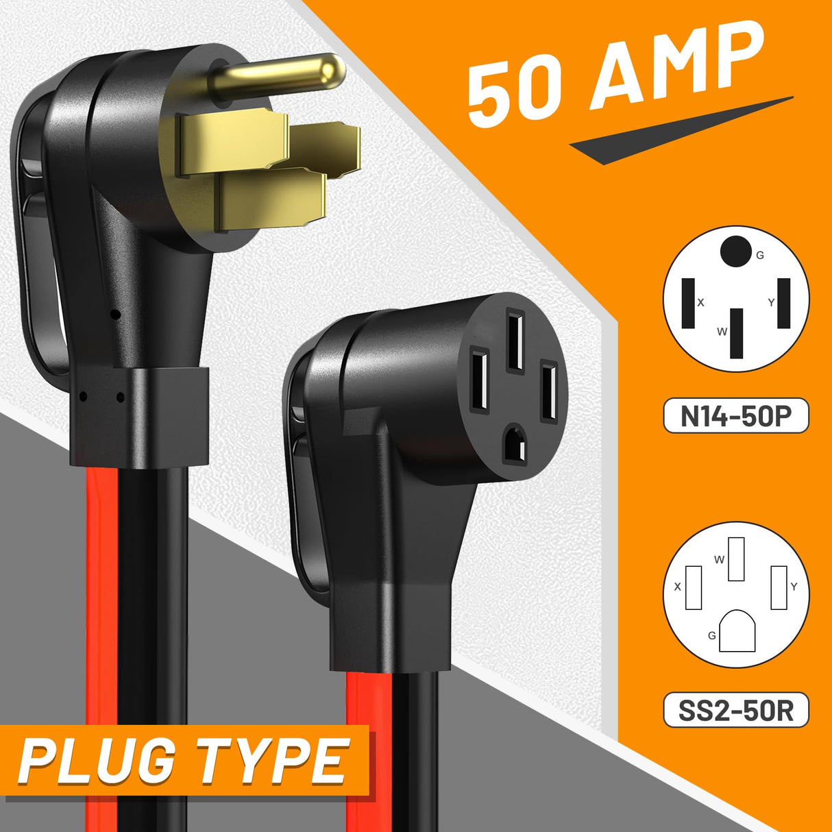 RVPLAN 25 FT 50 Amp RV/EV Extension Cord Outdoor Waterproof,4 Prong Flexible Heavy Duty STW RV Power Cord,NEMA 14-50P/R Standard Plug Suit for EV Charging and RV Trailer Campers, Black-Red,ETL RVPLAN