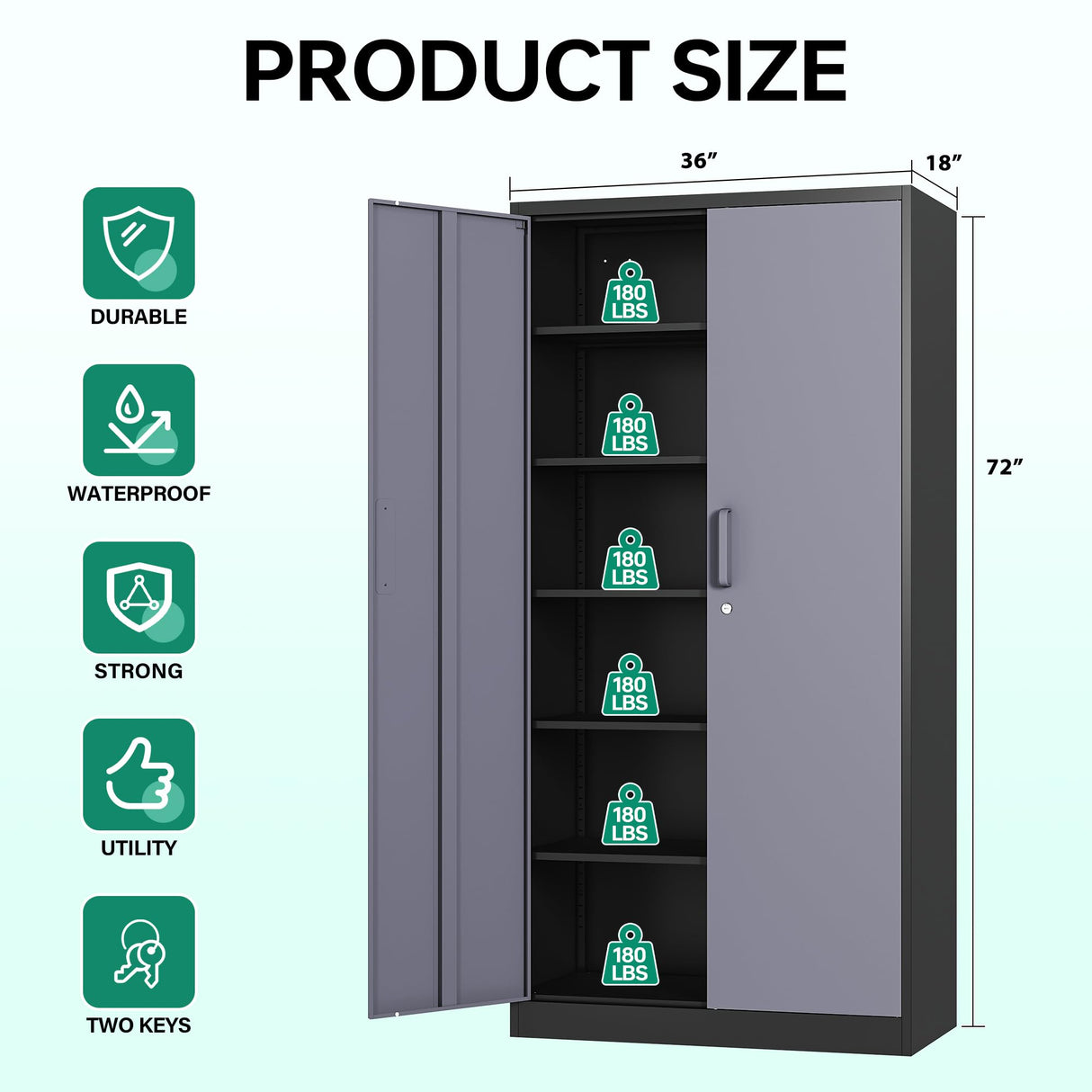 Letaya Metal Storage Cabinet with Lock Door and 5 Shelves,6 Tier Steel Garage Tool Cabinet for Home Office Utility Room 72" H X 36" W X18 D (Black gray) Letaya