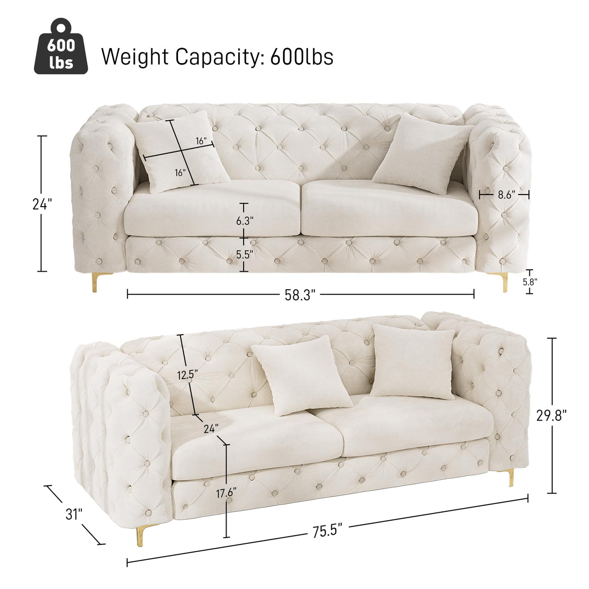 DAMAIFROM 75" Sofa Couch Mid Century Modern Velvet Couch Tufted Button Sofa High Armrest & Metal Gold Legs Luxury Chesterfield Decor with 2 Piilows Comfy Loveseat for Living Room, Beige White DAMAIFROM