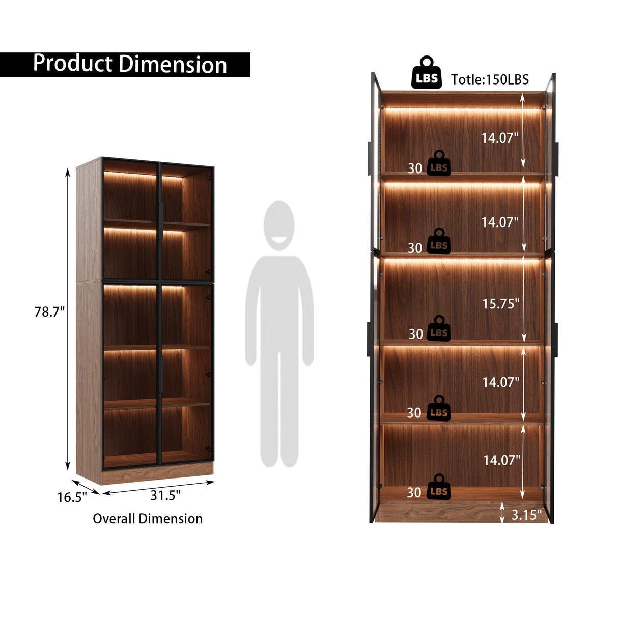 Bobve Display Cabinet with 4 Glass Doors, 5 Tier Storage Shelves Organizer, 78.7" Tall Bookshelf Bookcase with Storage Cabinet, Wooden Display Case Cabinet for Home,Office, Living Room (Walnut) Bobve