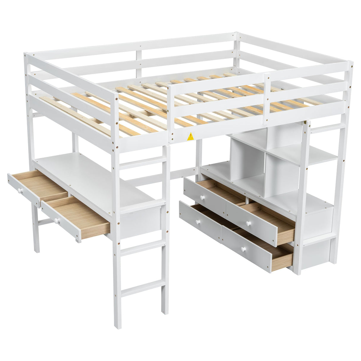 Janusline Full Size Loft Bed with Built-in Desk with Two Drawers, Multifunction Wooden Full Loft Bed Frame with Storage Shelves and Drawers for Apartment Bedroom, Space Saving, White Janusline
