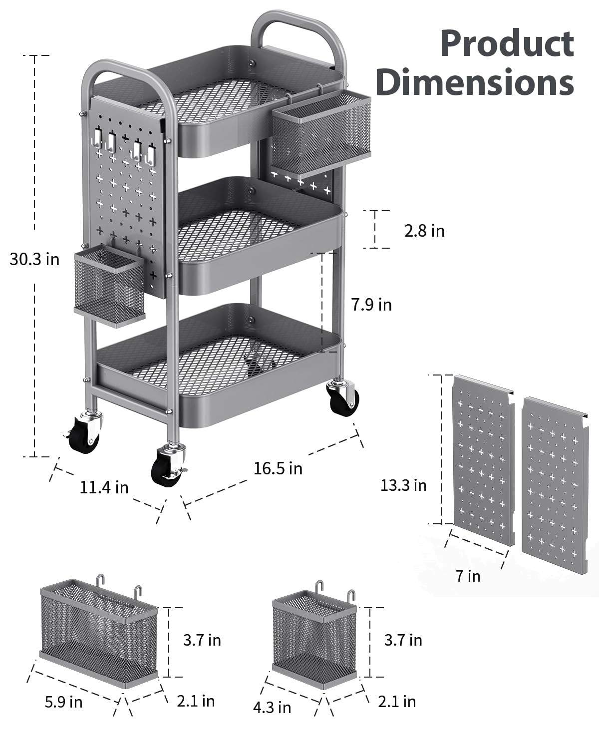 ALVOROG 3 Tier Rolling Cart with DIY Pegboards Metal Utility Cart with Wheels Handles Baskets Hooks, Storage Cart for Office Kitchen Bathroom(Gray) ALVOROG