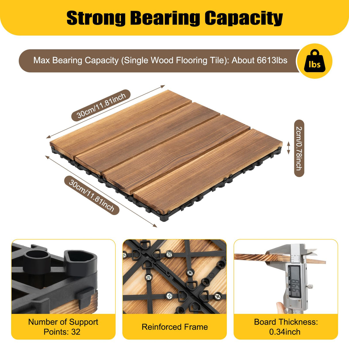 36pcs Hardwood Interlocking Patio Deck Tiles, 12"x12" All Weather Balcony DIY Flooring Tiles Acacia Waterproof Wood Flooring Tiles Portable Snap Click Together Patio Tiles for Indoor or Outdoor use DDYOOK