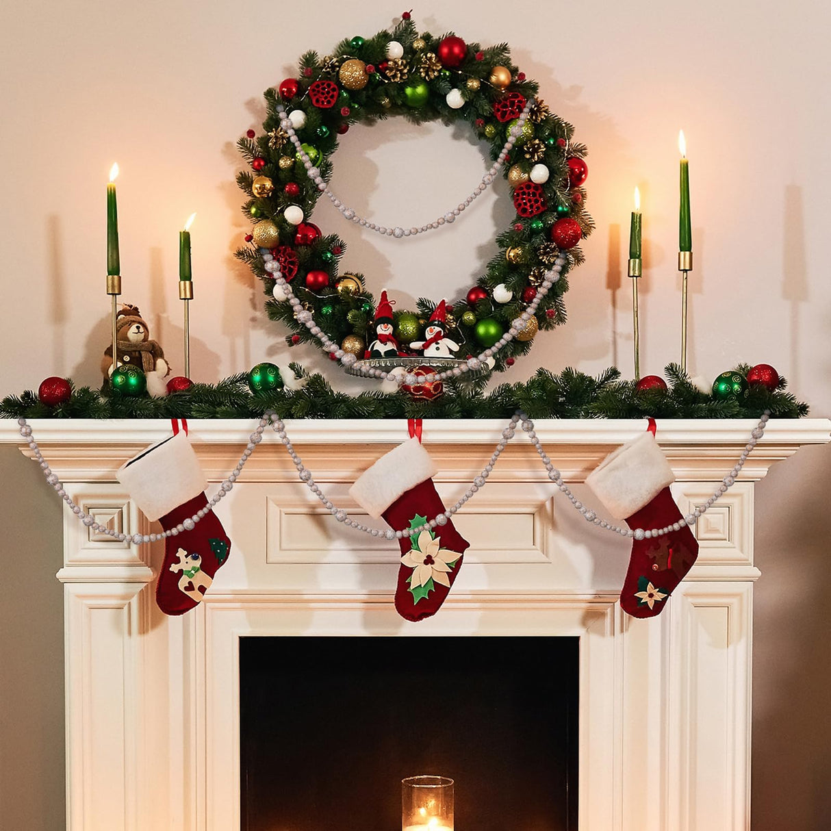 Equsion 2 Pcs 13.7 Feet Christmas Tree Garland Wooden Beaded Garland Boho Decorations Wall Hanging Farmhouse Home Decor Rustic Country Natural Holiday Decoration(Gold, White) Equsion