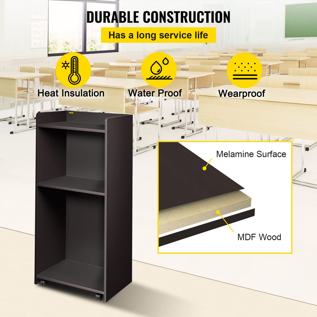VEVOR Wood Podium, 23.6" x 47.2", Lecterns and Podiums with 4 Rolling Wheels, Flat Surface, Baffle Plate & Shelf, Easy Assembly Ebony Lecterns for Church, Office, School, Home Black VEVOR