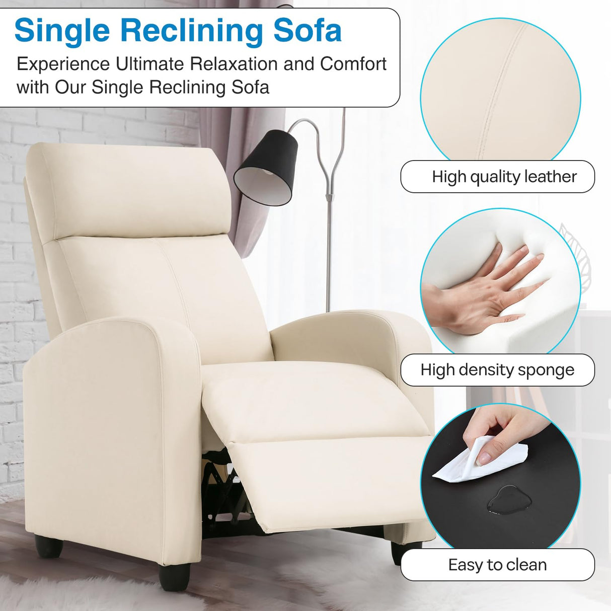 Dopinmin Recliner Chair PU Leather Reclining Sofa Lounge Home Theater Seating with Lumbar Support Overstuffed High-Density Sponge Push Back Recliners Armchair for Living Room,Beige Dopinmin