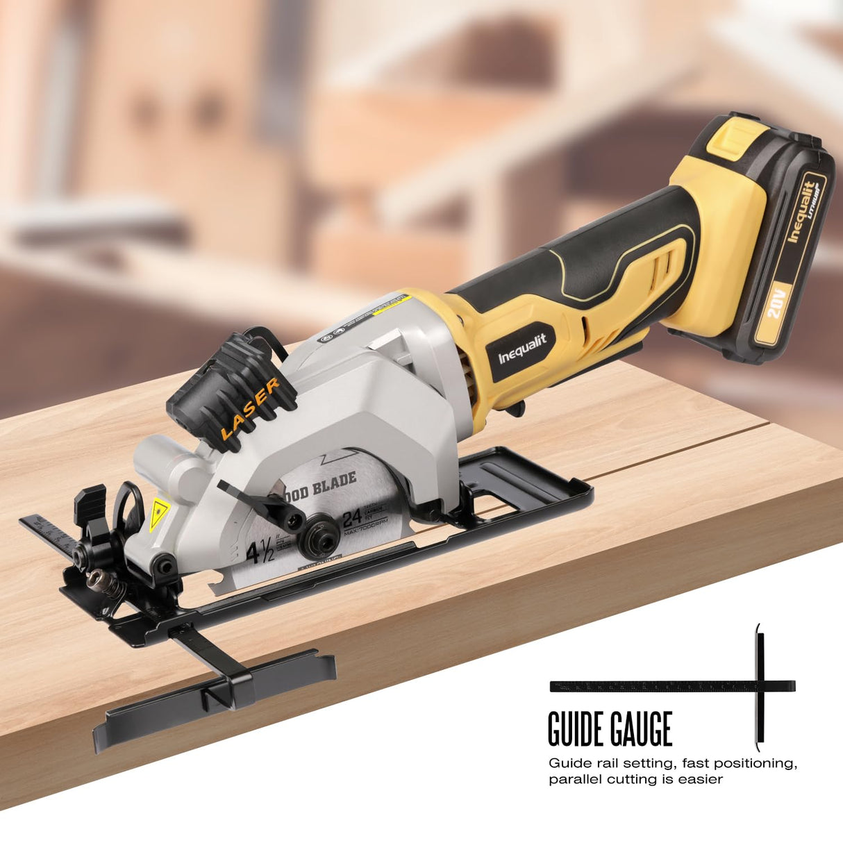 Inequalit 4-1/2 Inch Mini Circular Saw, 3400 RPM Cordless Circular Saw with Laser Guide, Rip Guides, 2 Blades (24T Wood + 60T Metal), Max Cutting Depth 1-11/16" (90°), 1-1/8" (45°)" Inequalit
