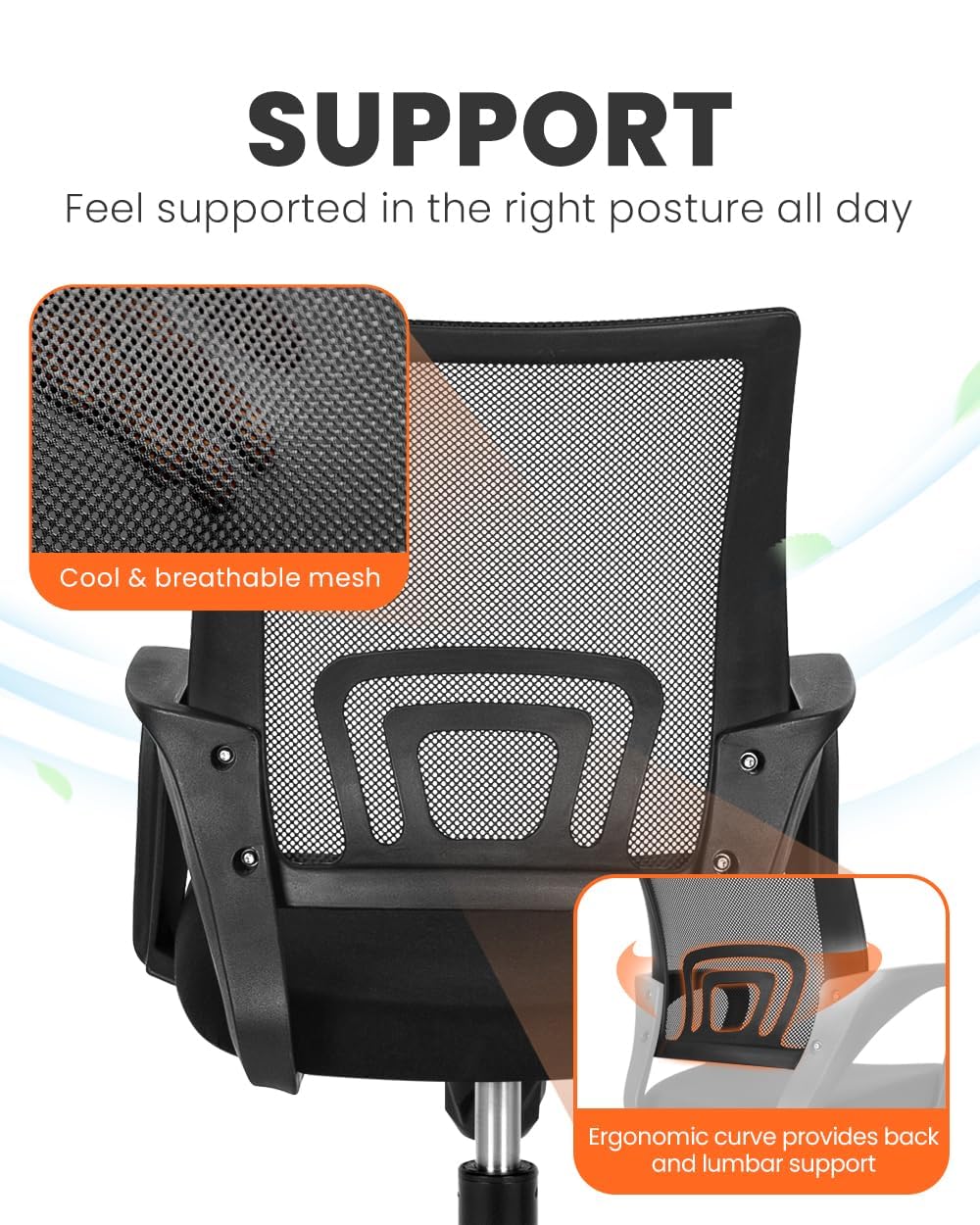 NEO CHAIR Office Chair Computer Desk Chair Gaming Ergonomic Mid Back Cushion Lumbar Support with Comfy Mesh Adjustable Swivel Rolling Home (Black) NEO CHAIR