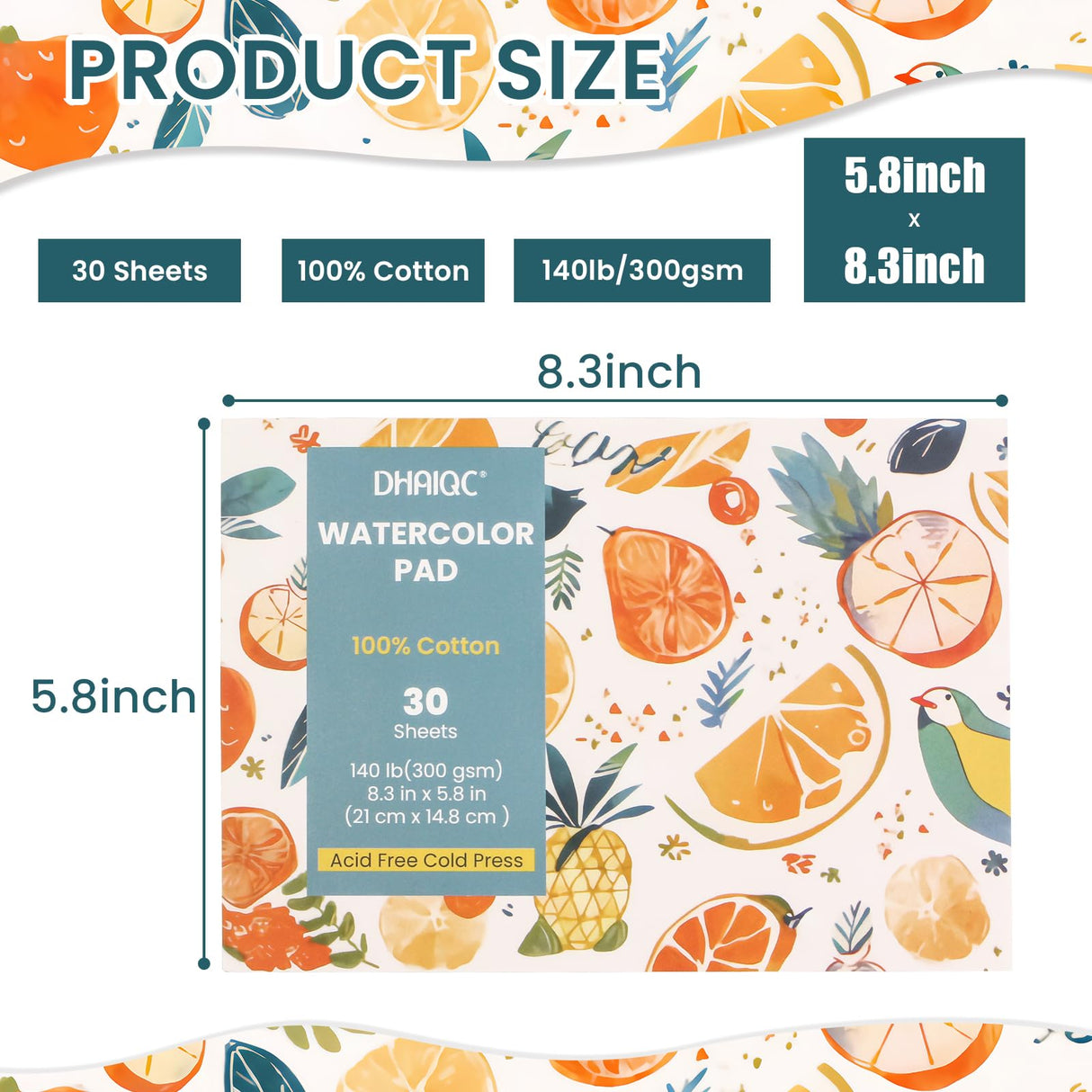 Watercolor Paper Pad, 30 Sheets, A5 (8.3 x 5.8"), 100% Cotton Paper, Glue Bound, 140LB/300GSM Cold Pressed Water Color Paper for Watercolor Drawing, Mixed Media, Art Journaling (8.3 x 5.8 Inch) DHAIQC