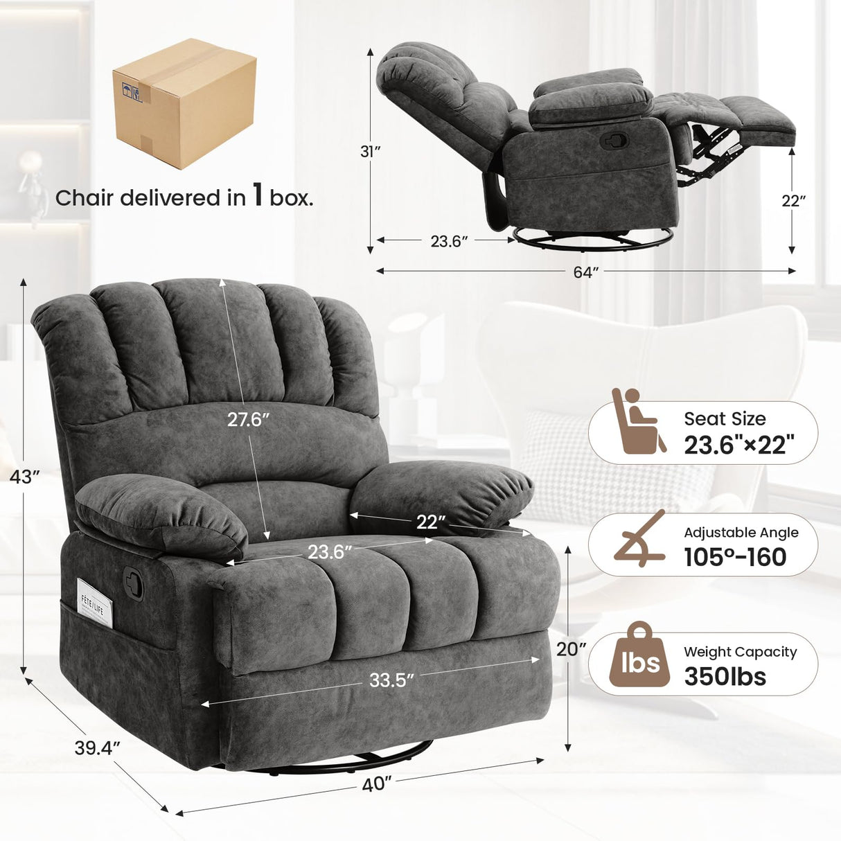 Oversized Recliner Chair,360°Swivel Rocker Recliner for Big Man,Extra Wide Manual Recliners,Overstuffed Soft Rocking Sofa Chair for Living Room,High Back,Large Footrest(Gray) Generic