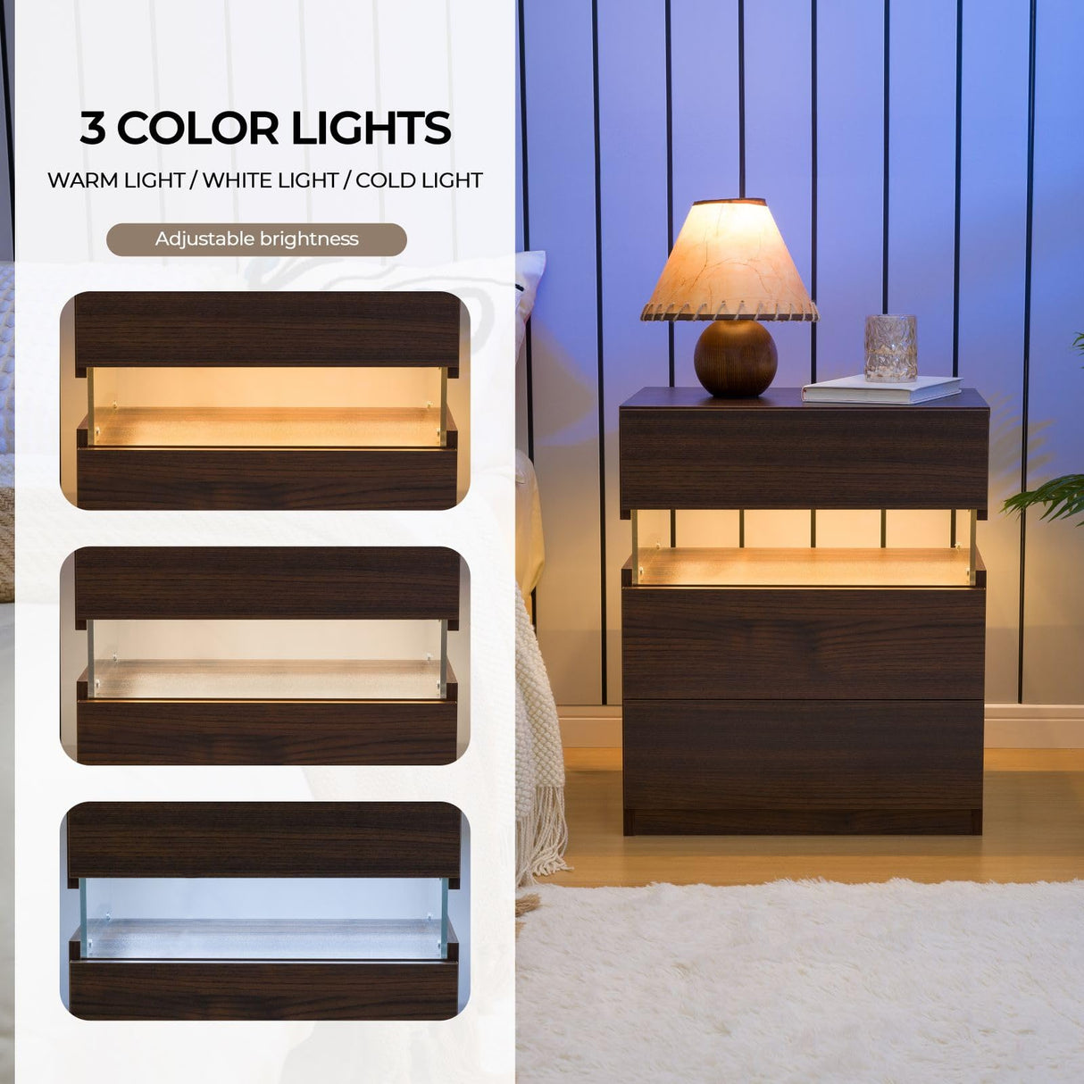 i-aplus Night Stand Set 2 LED Nightstands for Bedroom Set of 2 Modern Bedside Table with 3 Drawers End Side Table i-aplus