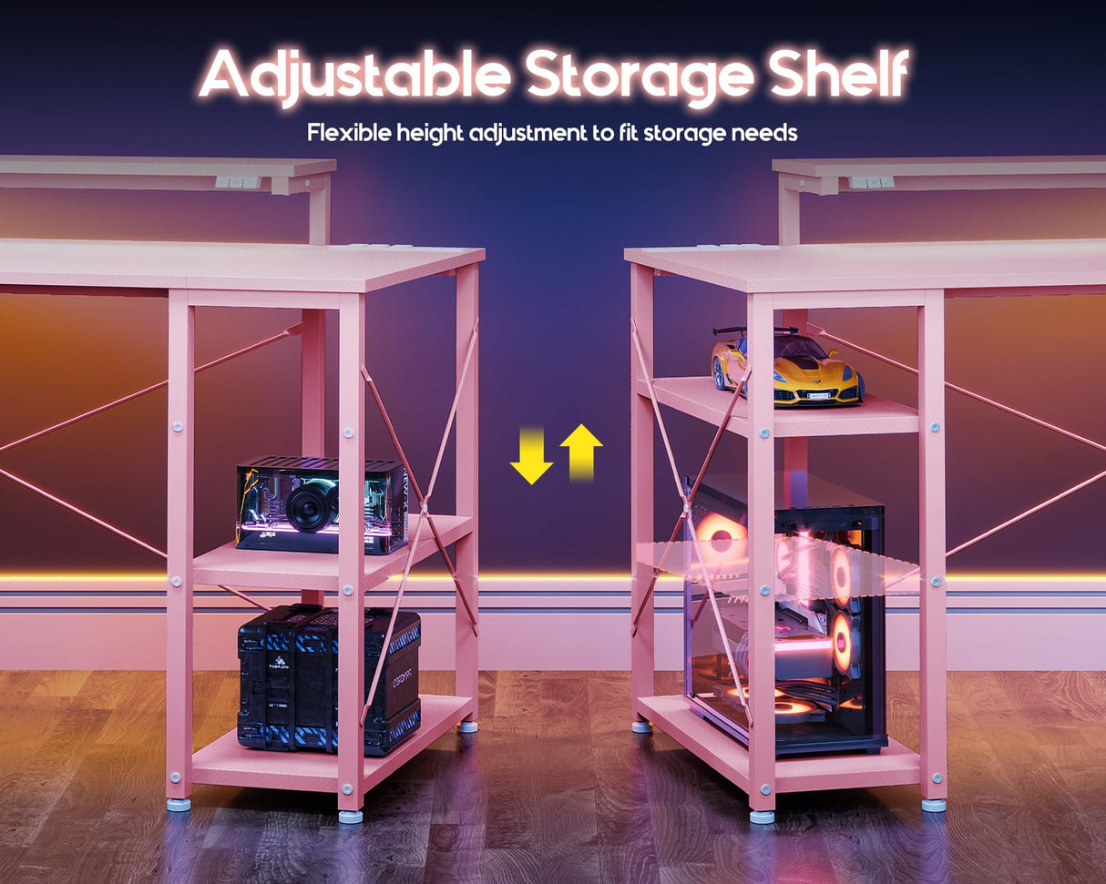 MOTPK Pink Gaming Desk with Led Lights & Power Outlet, 47 Inch Gaming Computer Desk with Shelves, Reversible Gamer Desk Table with Adjustable Monitor Stand & Headphone Hook, Carbon Fiber Texture MOTPK