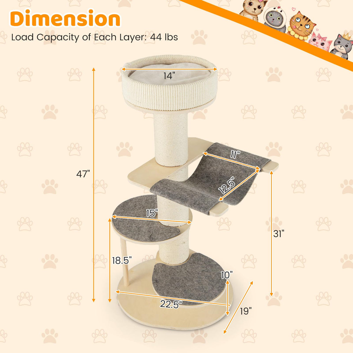 Tangkula Wood Cat Tree, 47 Inch Multi-Layer Cat Tower with 5.7” Thicker Sisal Covered Scratching Posts & Carpet, Padded Top Perch, 2 Jumping Platforms, Hammock, Modern Cat Tree Tower for Indoor Cats Tangkula