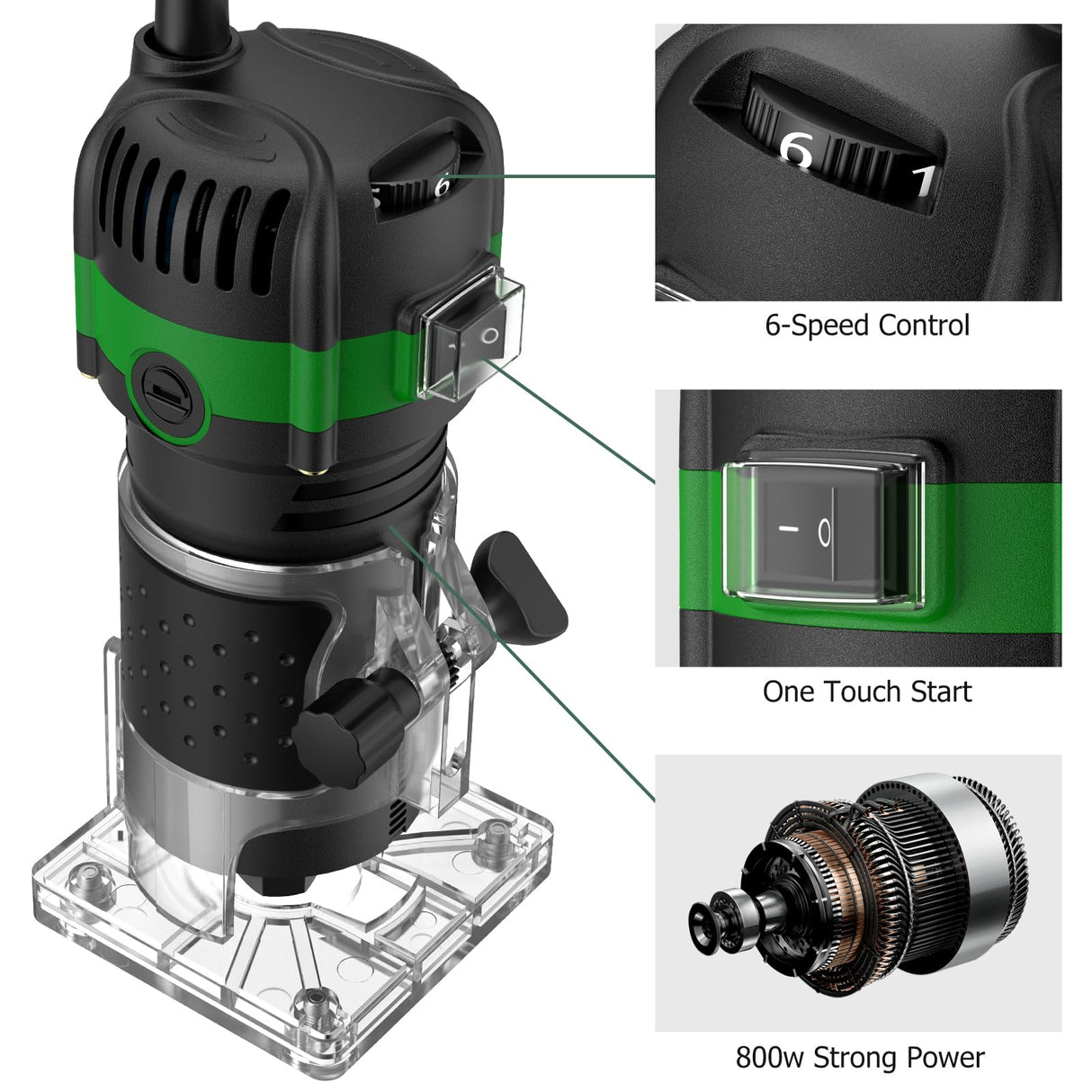 JiGiU Wood Trimmer, 1/4" 6.35mm Compact Router Tool Electric Wood Hand Trimmer Laminator 800W 28000R/Min Hand Held Woodwork Routers Router Joiners Tool with 6 Variable Speed for DIY Woodworking JiGiU