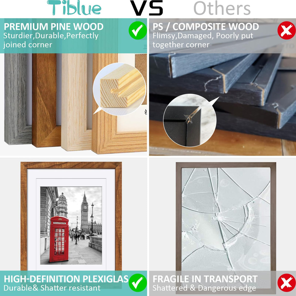 11x14 Picture Frame Solid Wood Display 8x10 Picture Frame or 9x12 with Mat or 11x14 Frame without Mat - Photo Frame 11x14 inch with 2 Mats for Wall Mounting or Table Top Tiblue