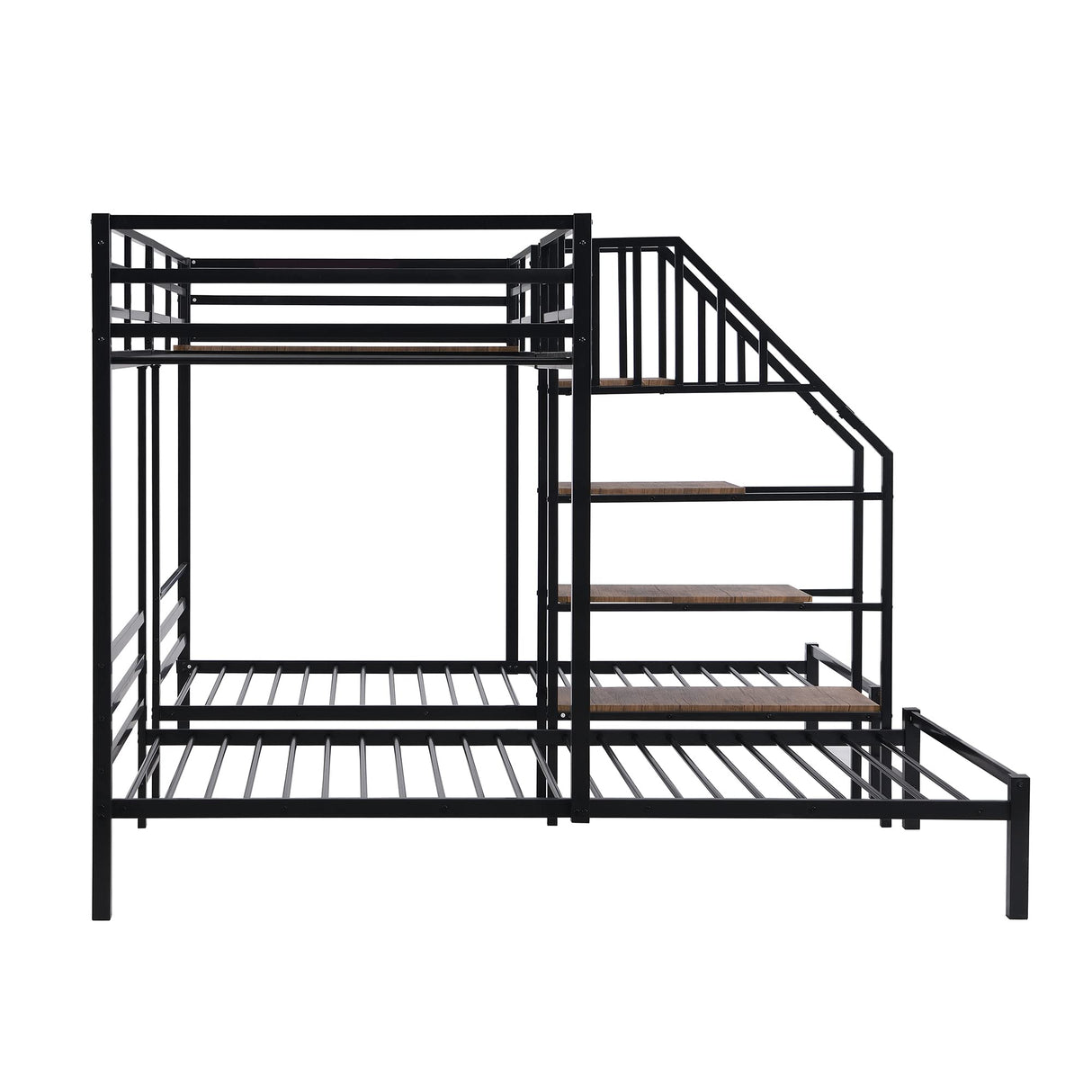 Merax Twin Over Twin & Twin Metal Bunk Bed, Triple Bunk Bed Frame with Storage Shelves Staircase, Black Merax