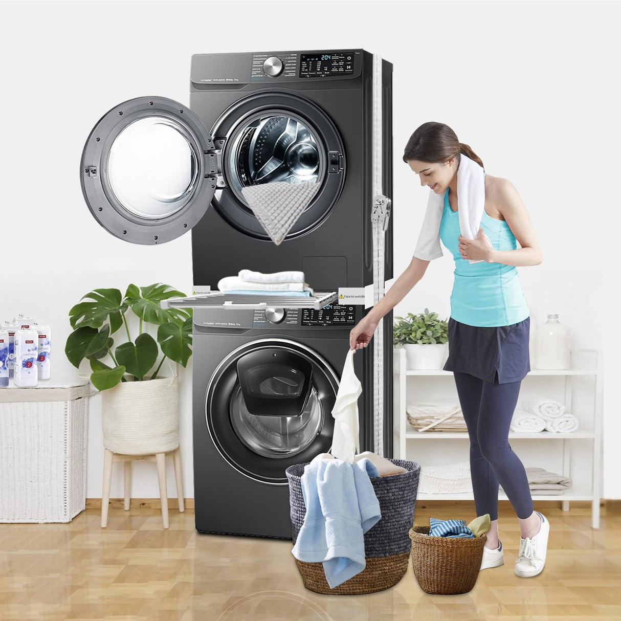 Kiss Core Washer Dryer Stacking Kit 29 inch, Universal Washer and Dryer Stacking Kit with Pull Out Drying Rack, Adjustable 29"/28"/27"/26"/25"/24" Stacking Kit with Ratchet Strap Kiss Core