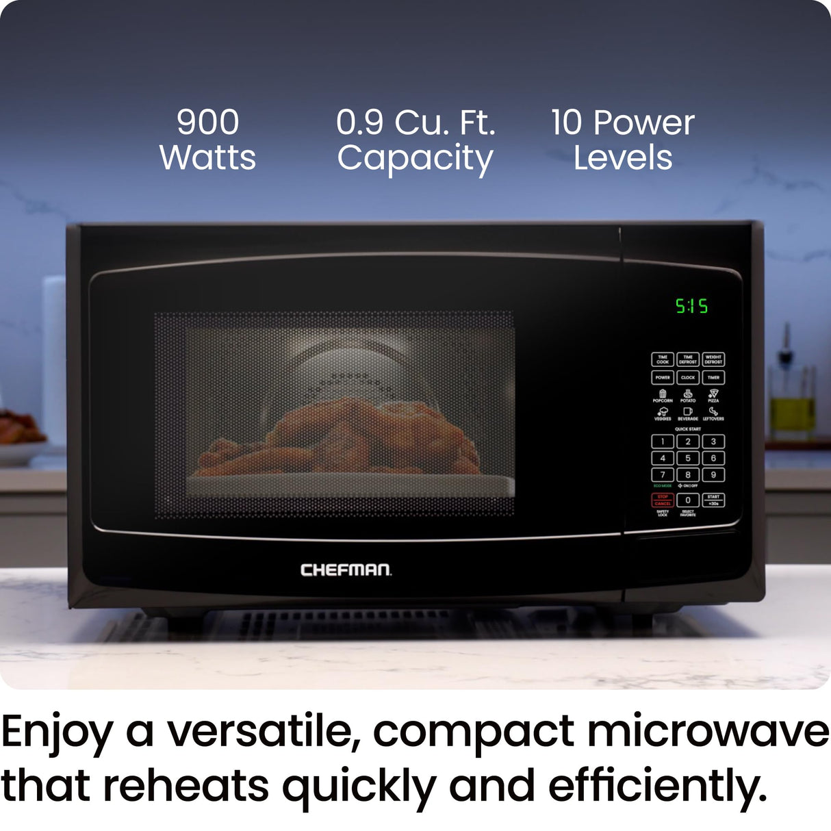 Chefman Countertop Microwave Oven 0.9 Cu. Ft. with Digital Display, 900 Watts, 6 Auto Menus, 10 Power Levels, Eco Mode, Memory Function, Mute Option, Child Safety Lock, Easy Clean Chefman