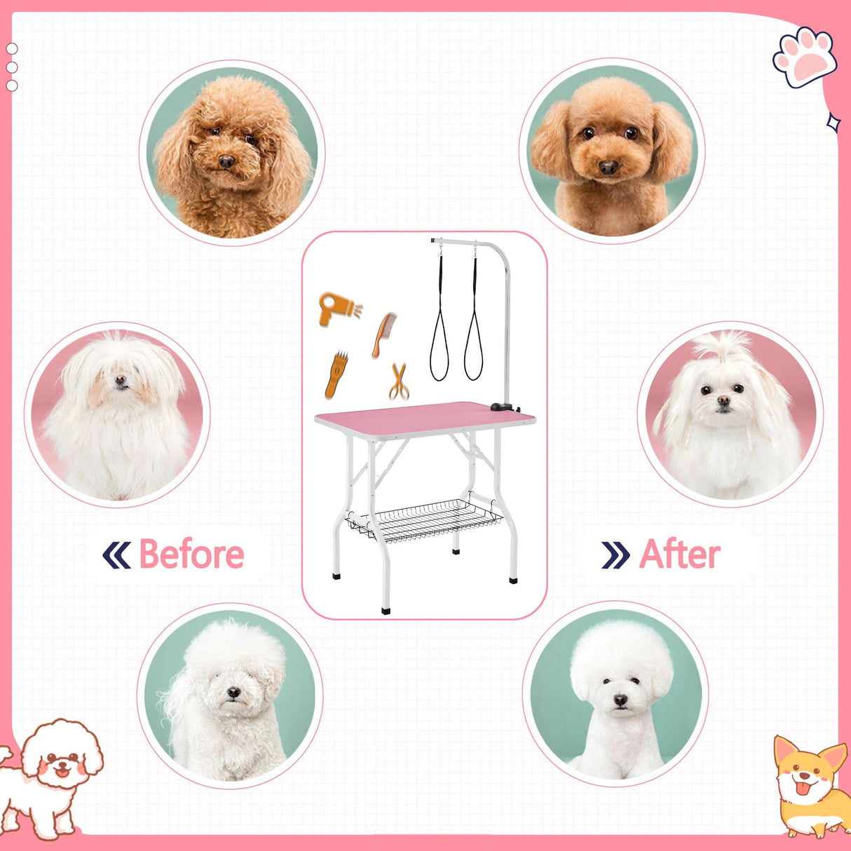 Yaheetech 36'' Dog Grooming Table, Adjustable Pet Foldable Grooming Table w/Double Loops/Mesh Tray Maximum Capacity Up to 220lbs, Pink Yaheetech