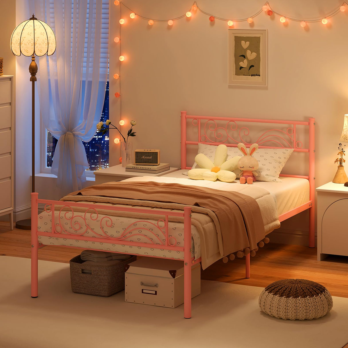 Weehom Twin Bed Frames Metal Platform Heavy Duty Steel Slat Under Bed Storage for Kids Pink Weehom